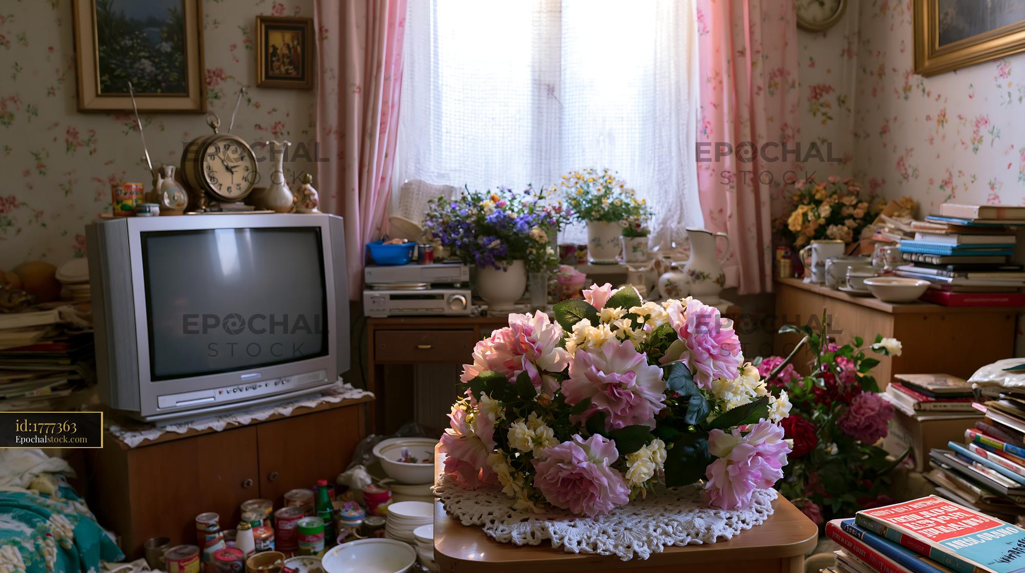 Cluttered Living Room With Flowers, Books and Vintage Decor - stock photo