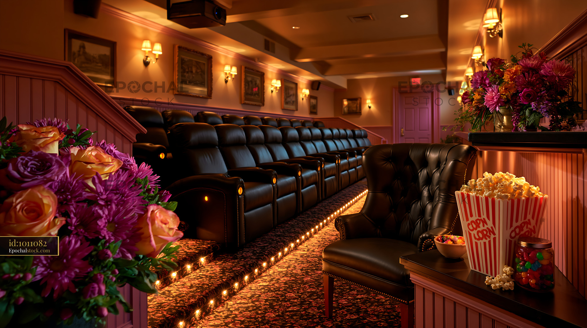Watermarked full-resolution preview of Elegant movie theater with plush seating and popcorn