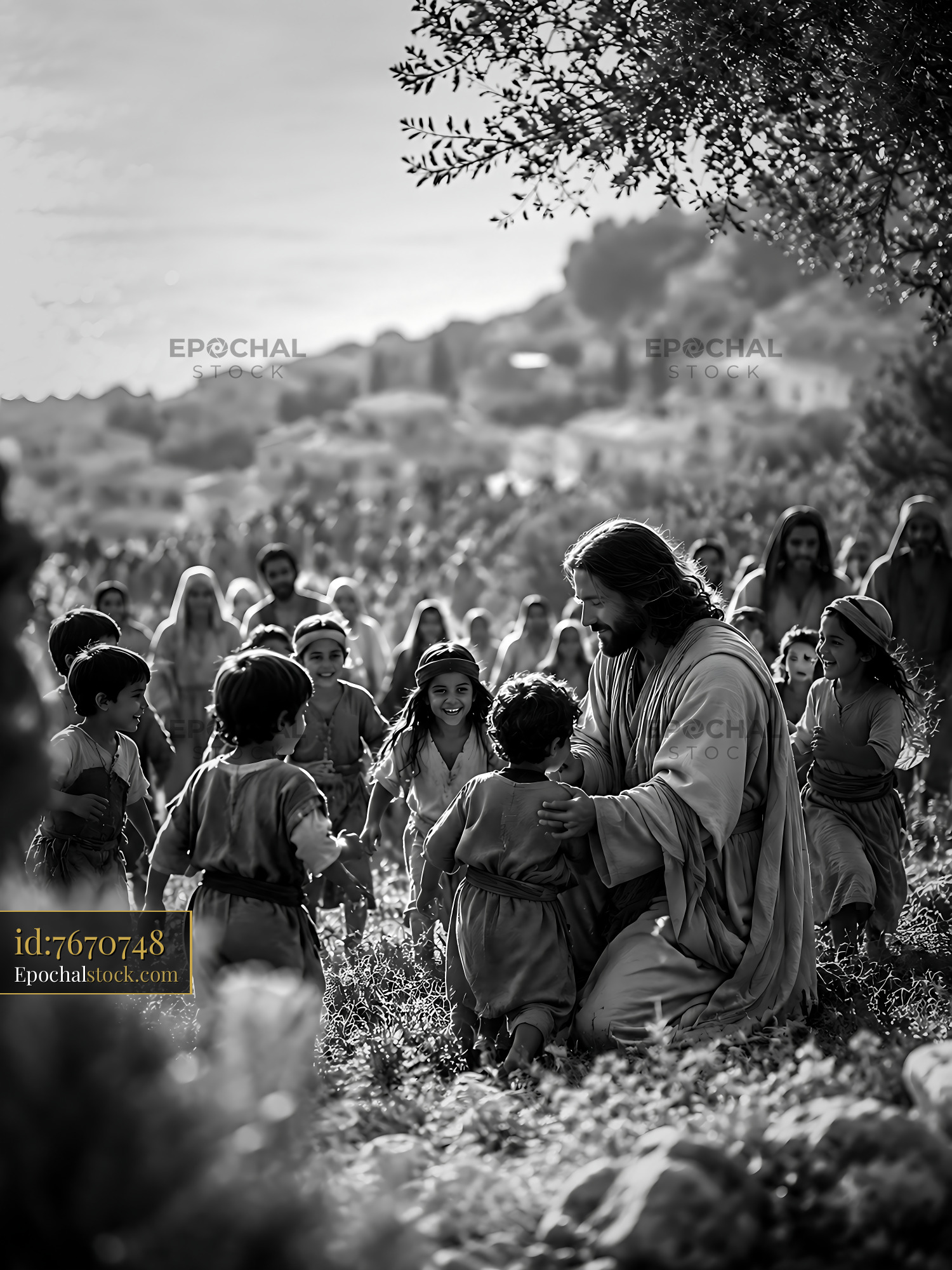 Jesus Interacts With Children in a Field Near the Sea - stock photo