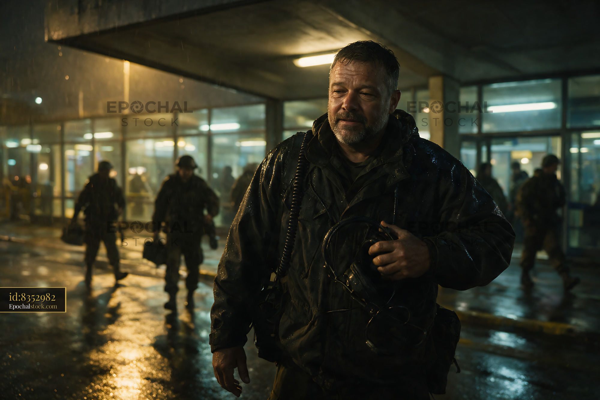 Watermarked full-resolution preview of Man in rain-soaked jacket during night scene with soldiers