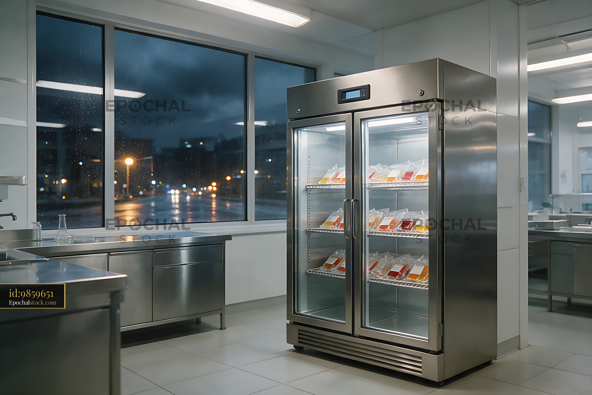 Watermarked full-resolution preview of Refrigerator holding blood bags in a laboratory