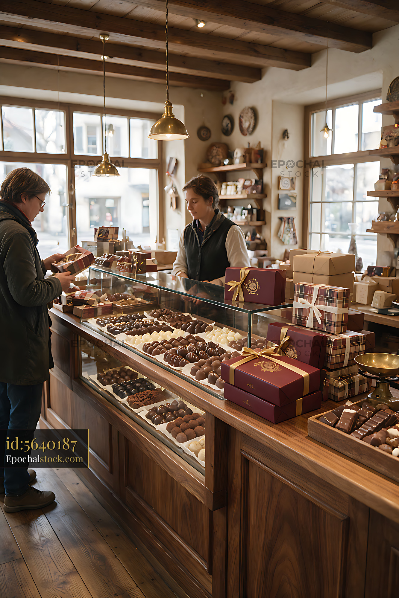 Watermarked full-resolution preview of Warm chocolate shop interior with handmade sweets and gift packaging
