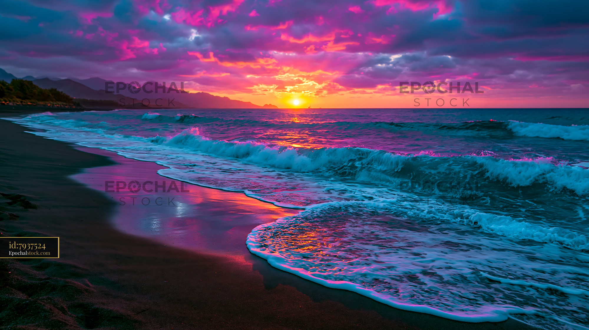 Watermarked full-resolution preview of Vivid sunset waves along a mountain coastline