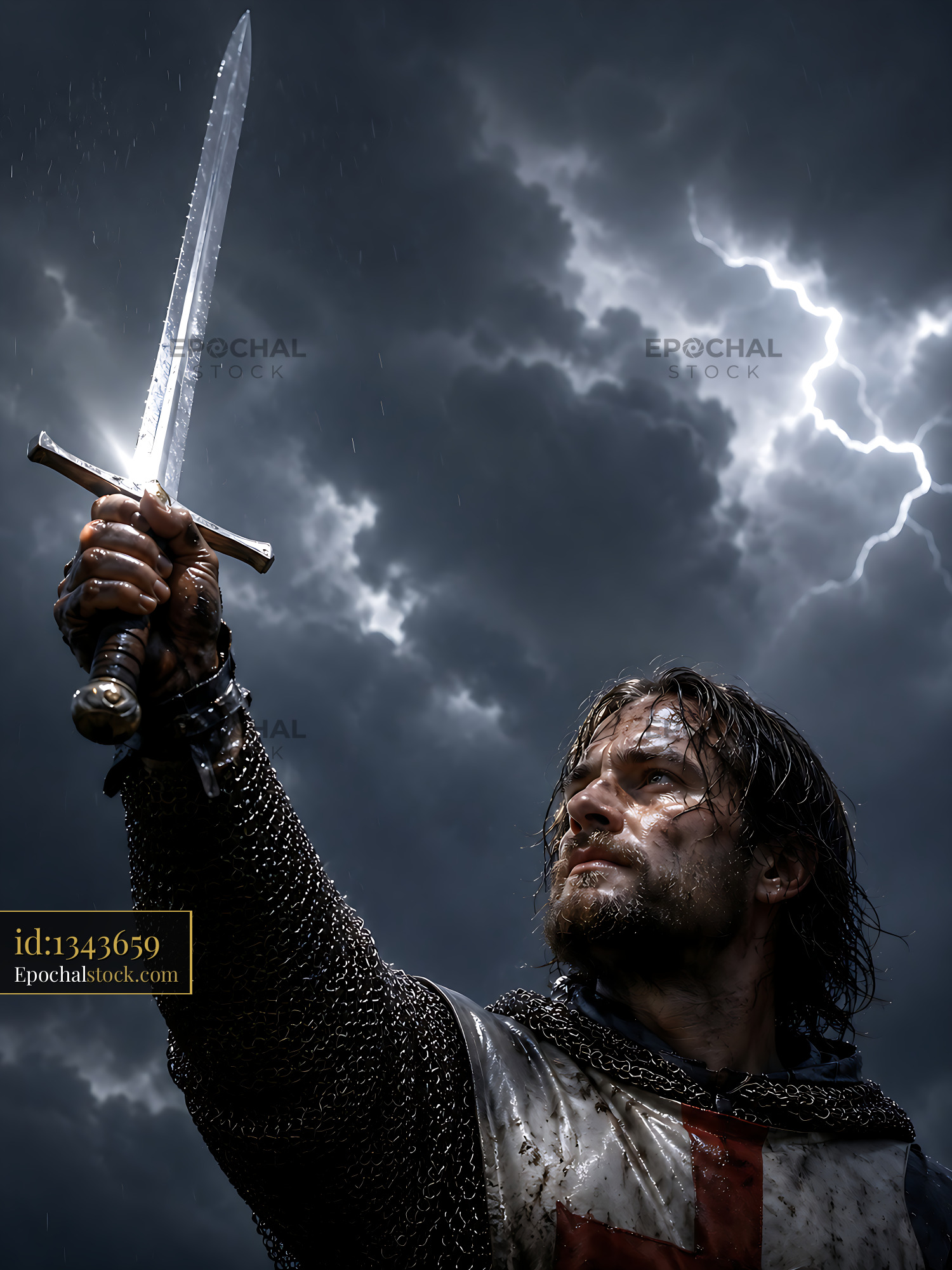 Knight Raises Sword Against Stormy Sky With Dramatic Clouds - stock photo