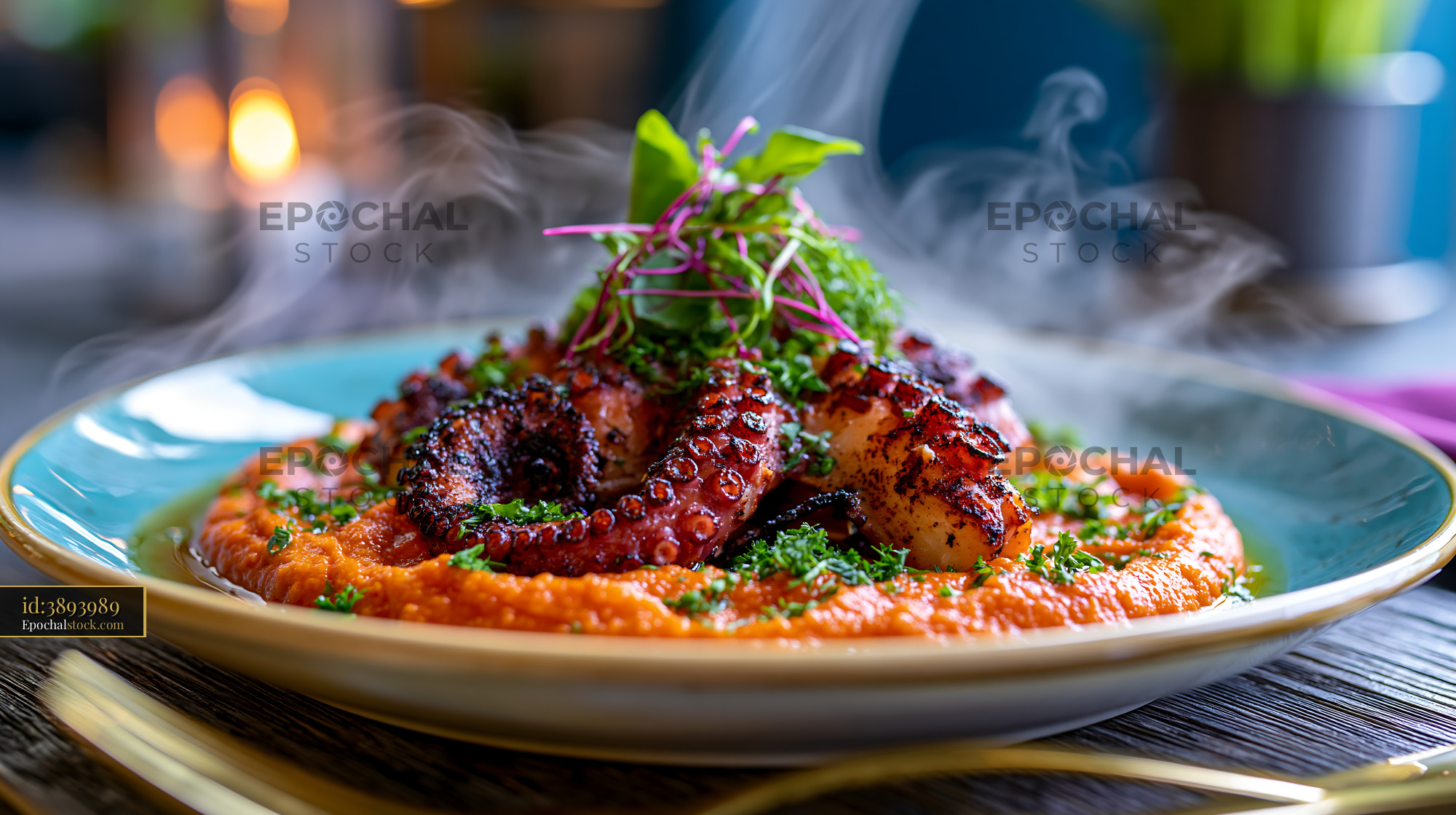 Watermarked full-resolution preview of Steaming grilled octopus served with puree and herbs