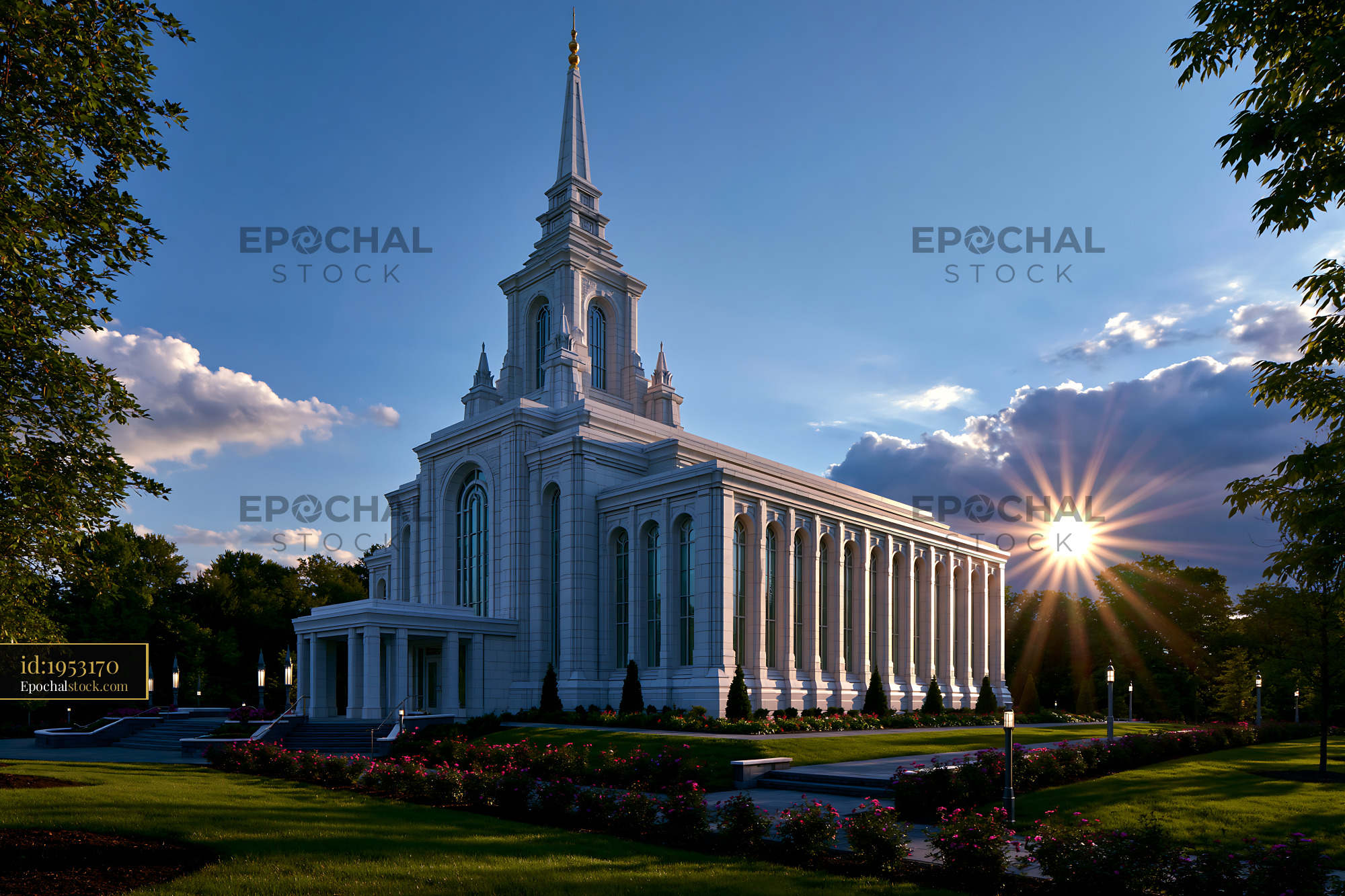 Watermarked full-resolution preview of Bright sun shines on a large church building at dusk