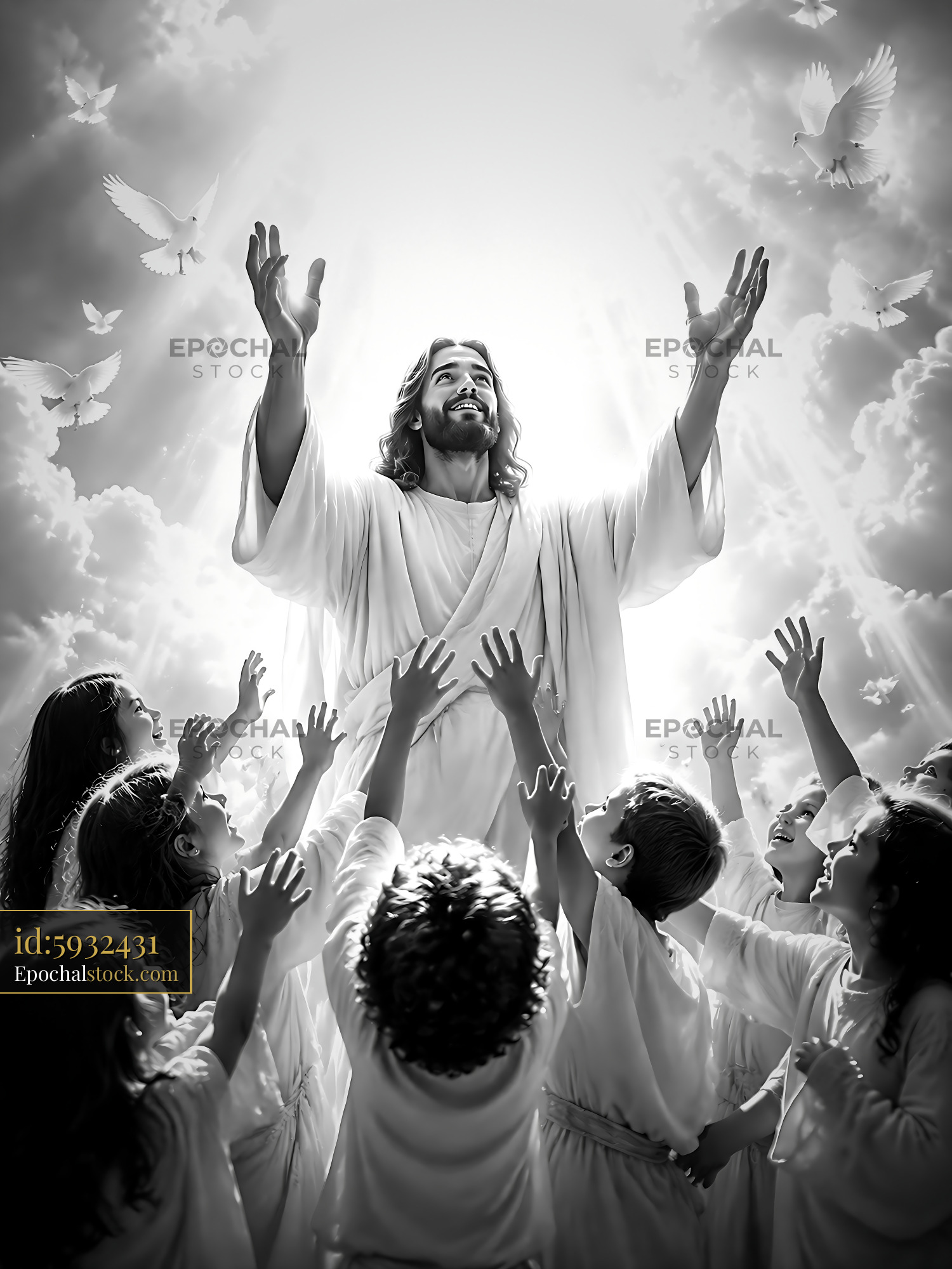 Watermarked full-resolution preview of Christ with children in bright heavenly scene