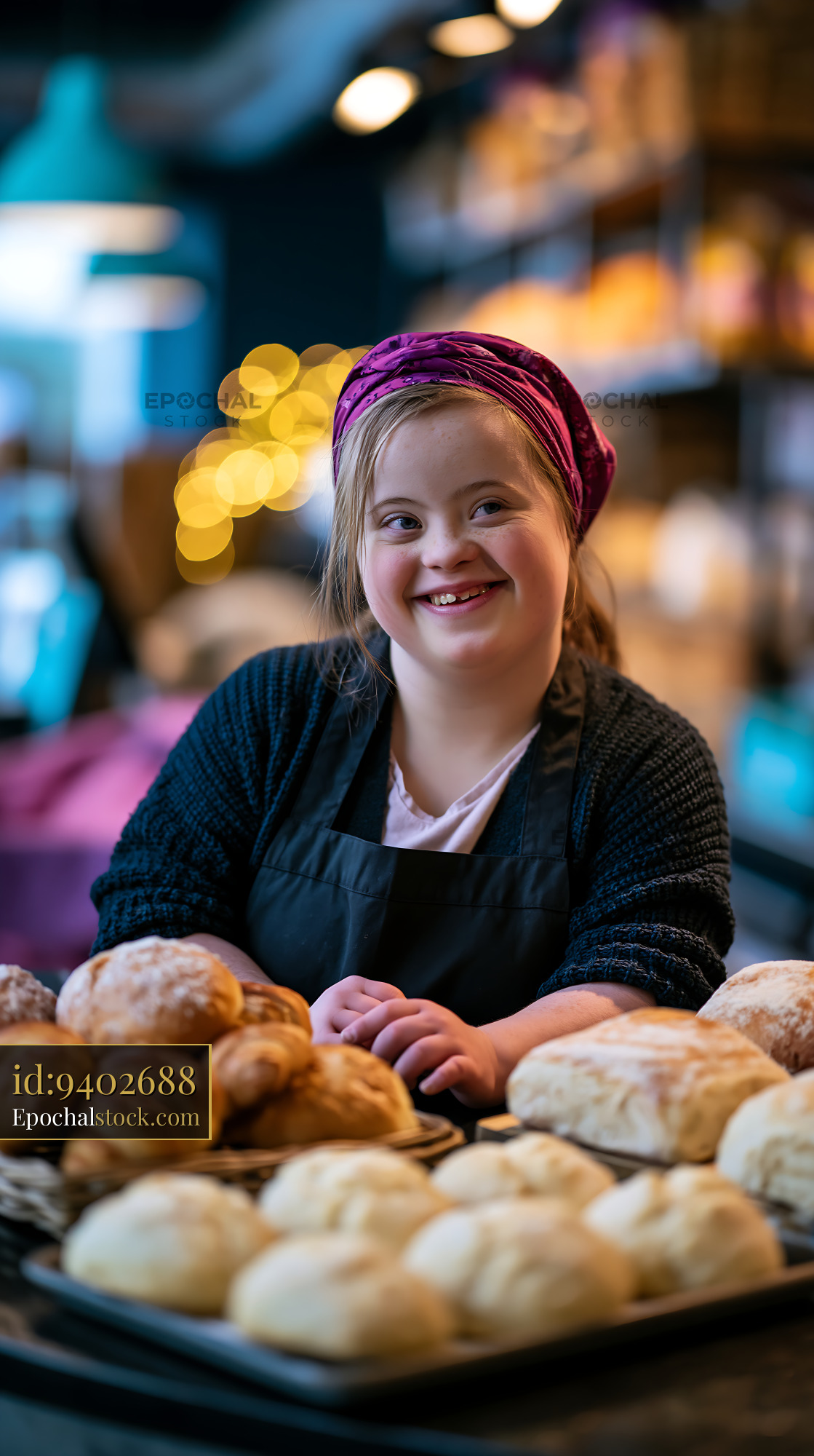 Watermarked full-resolution preview of Young girl smiles while working in a bakery among fresh bread