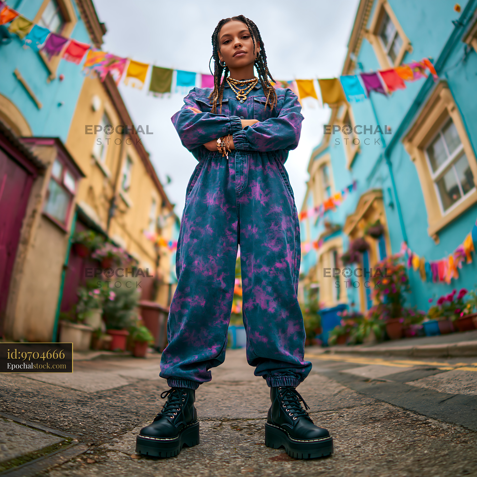 Watermarked full-resolution preview of Young person standing confidently in a colorful street