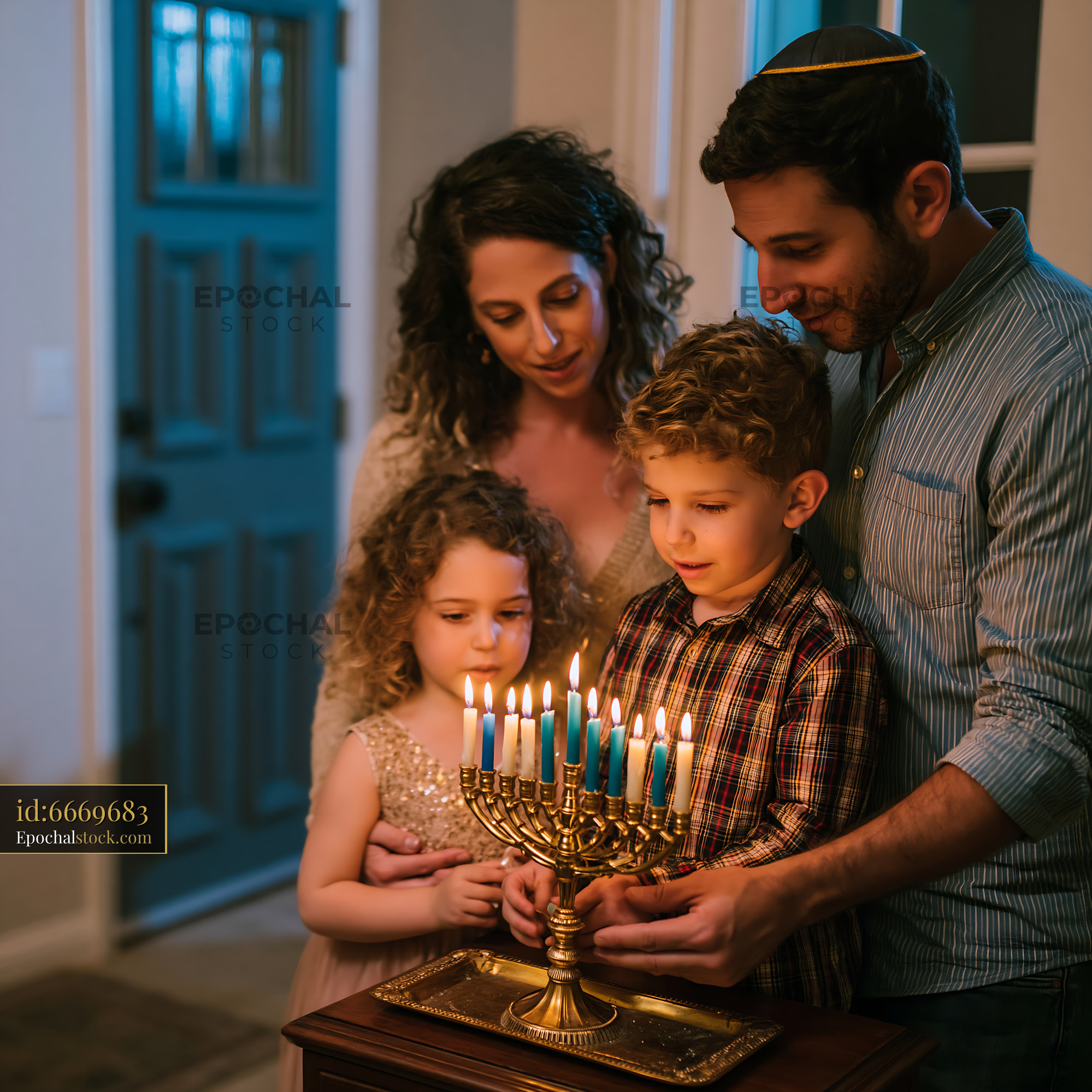 Watermarked full-resolution preview of Family celebrates with menorah and candles during Hanukkah
