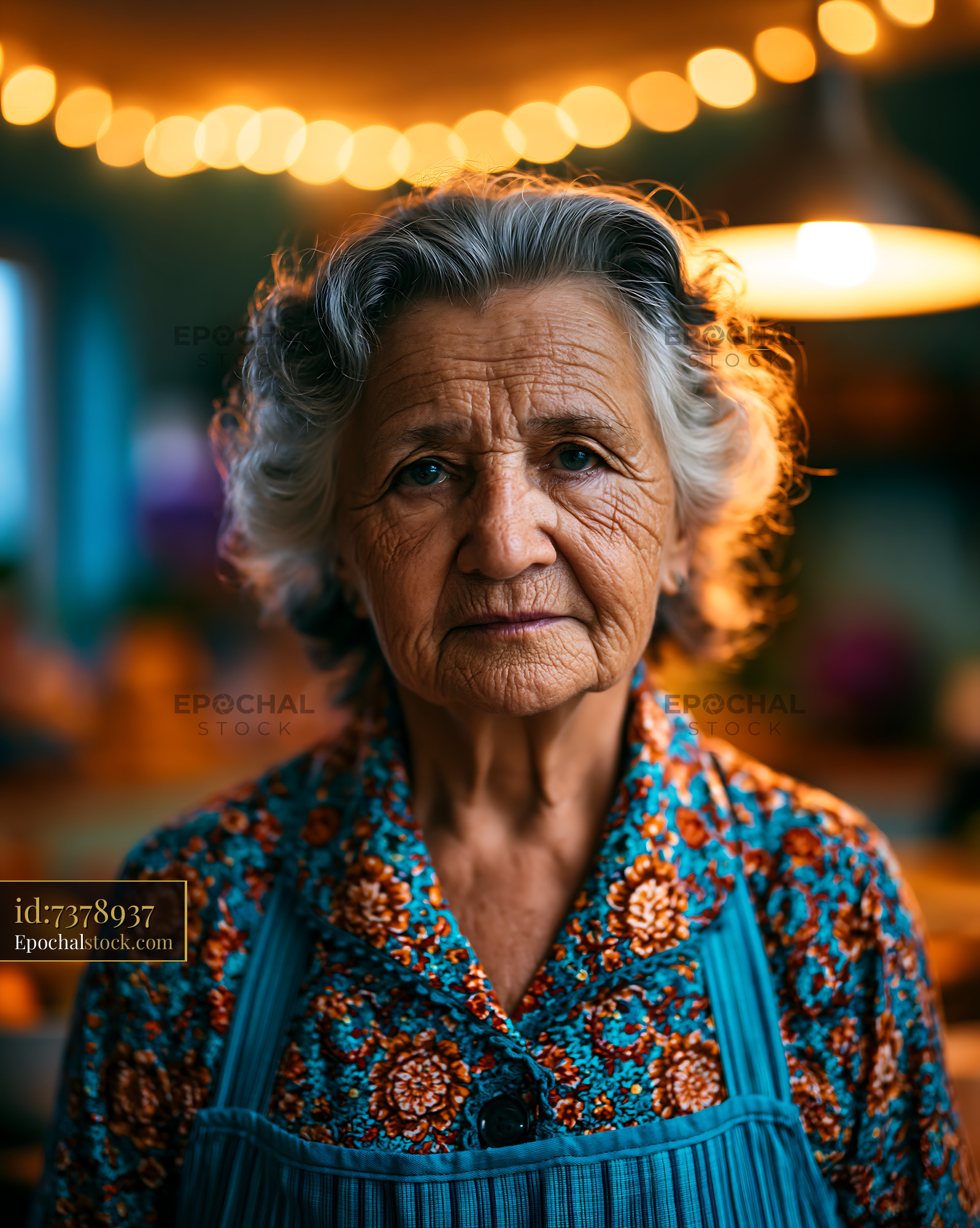 Watermarked full-resolution preview of Elderly woman with gray hair wearing floral clothing