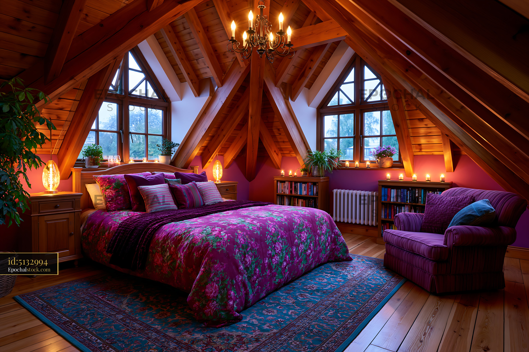 Watermarked full-resolution preview of Cozy bedroom with wooden ceiling and purple decor in the evening