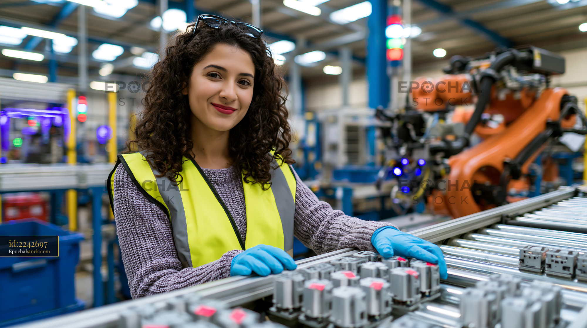 Watermarked full-resolution preview of Woman in safety vest working in a modern factory setting