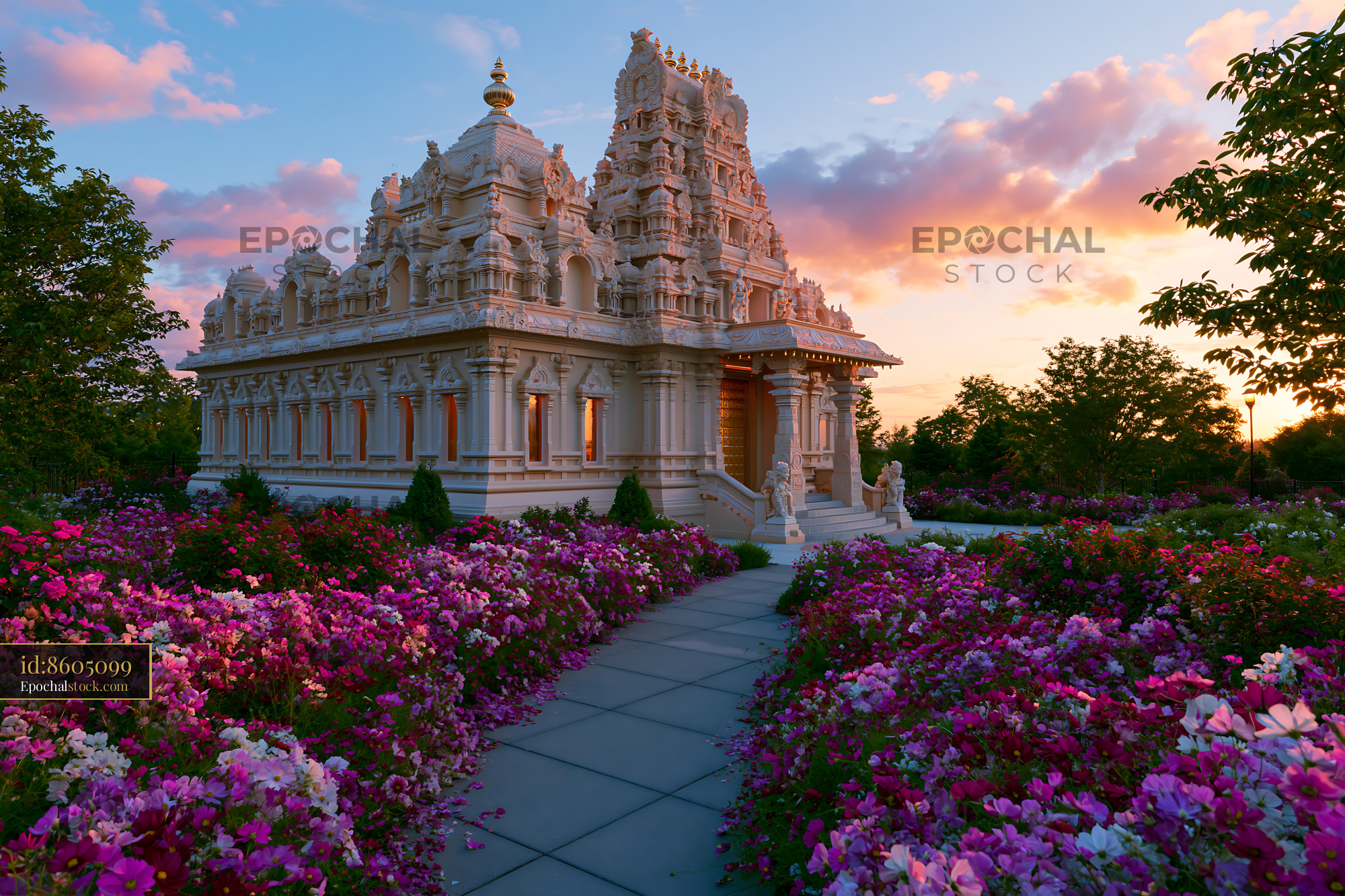 Watermarked full-resolution preview of Flowers surround a temple during sunset near a garden