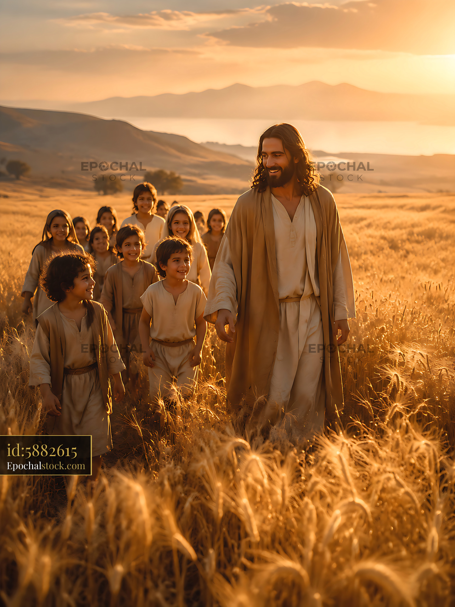 Watermarked full-resolution preview of Group of children walking with a man in a field at sunset