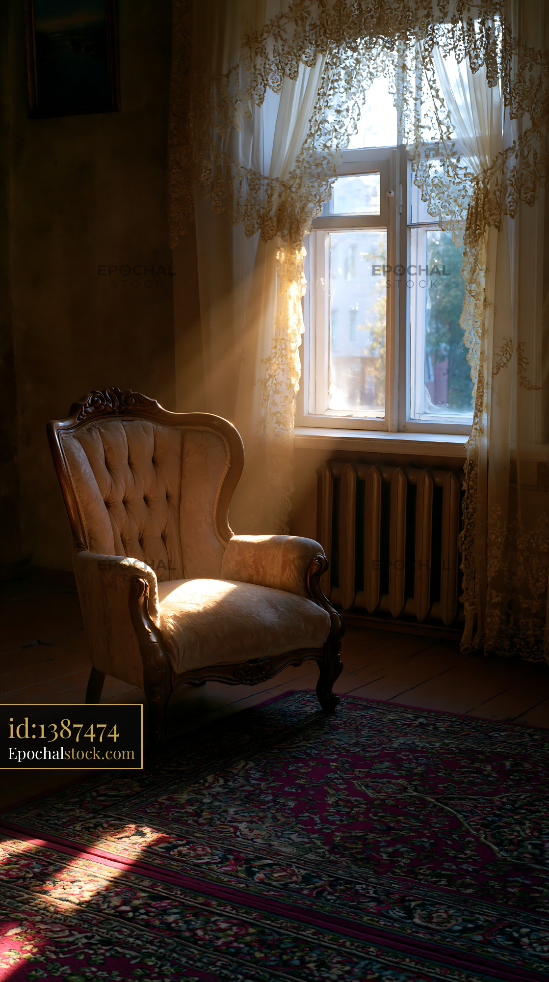Watermarked full-resolution preview of Sunlight shining on a vintage armchair near a window