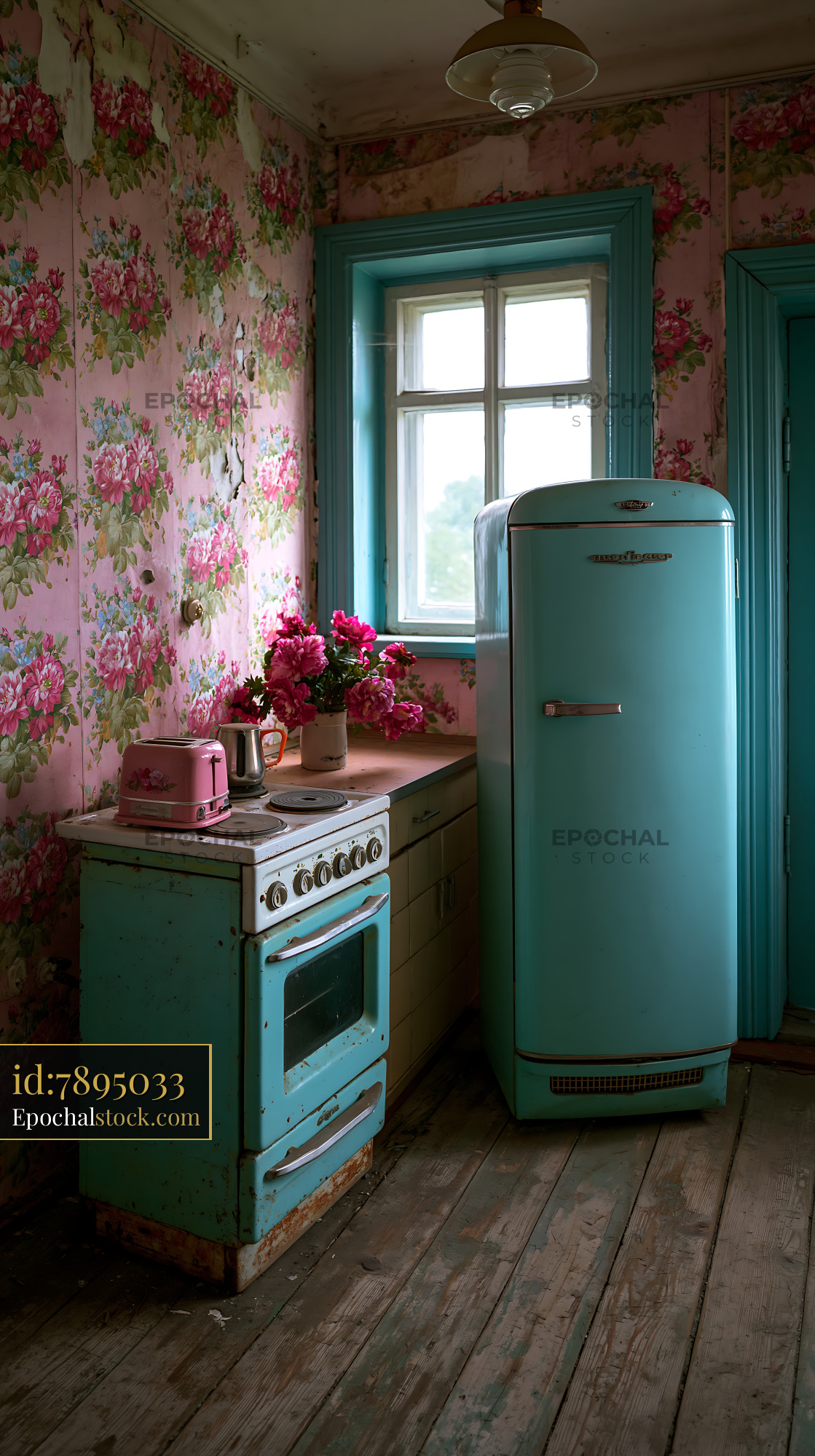 Watermarked full-resolution preview of Vintage kitchen with blue appliances and floral wallpaper