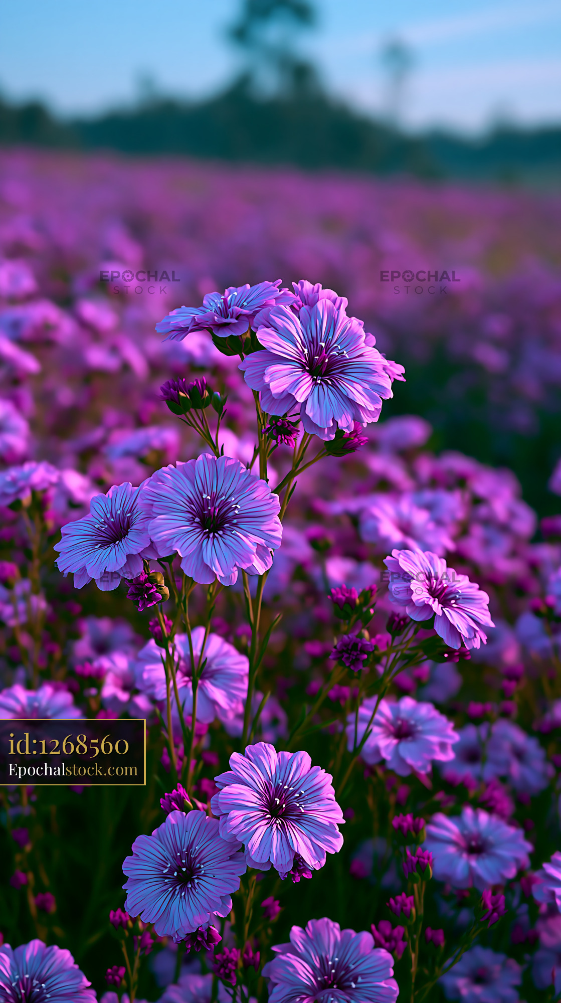 Watermarked full-resolution preview of Purple flowers in a blooming field during golden hour