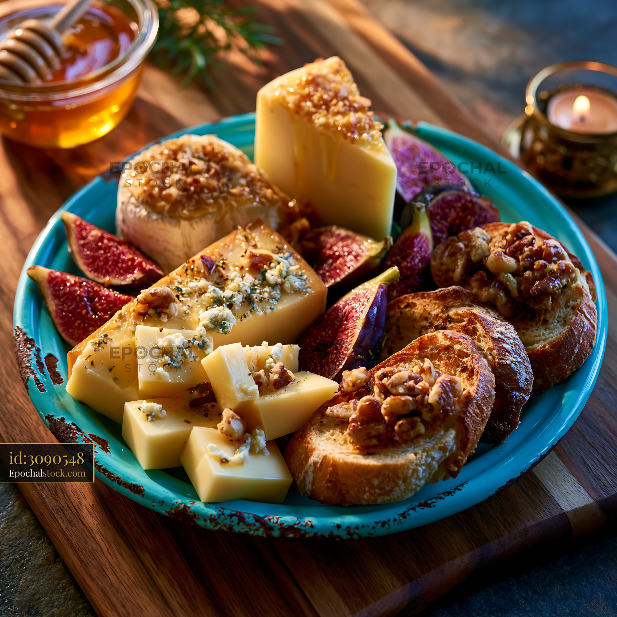 Watermarked full-resolution preview of Cheese platter with figs, honey, and snacks on a wooden surface