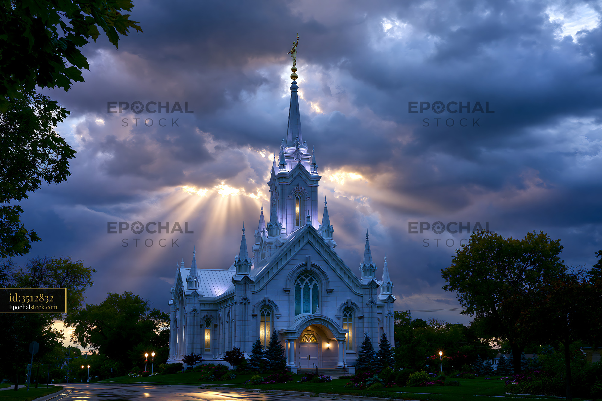 Watermarked full-resolution preview of Church building under dramatic sky with sun rays