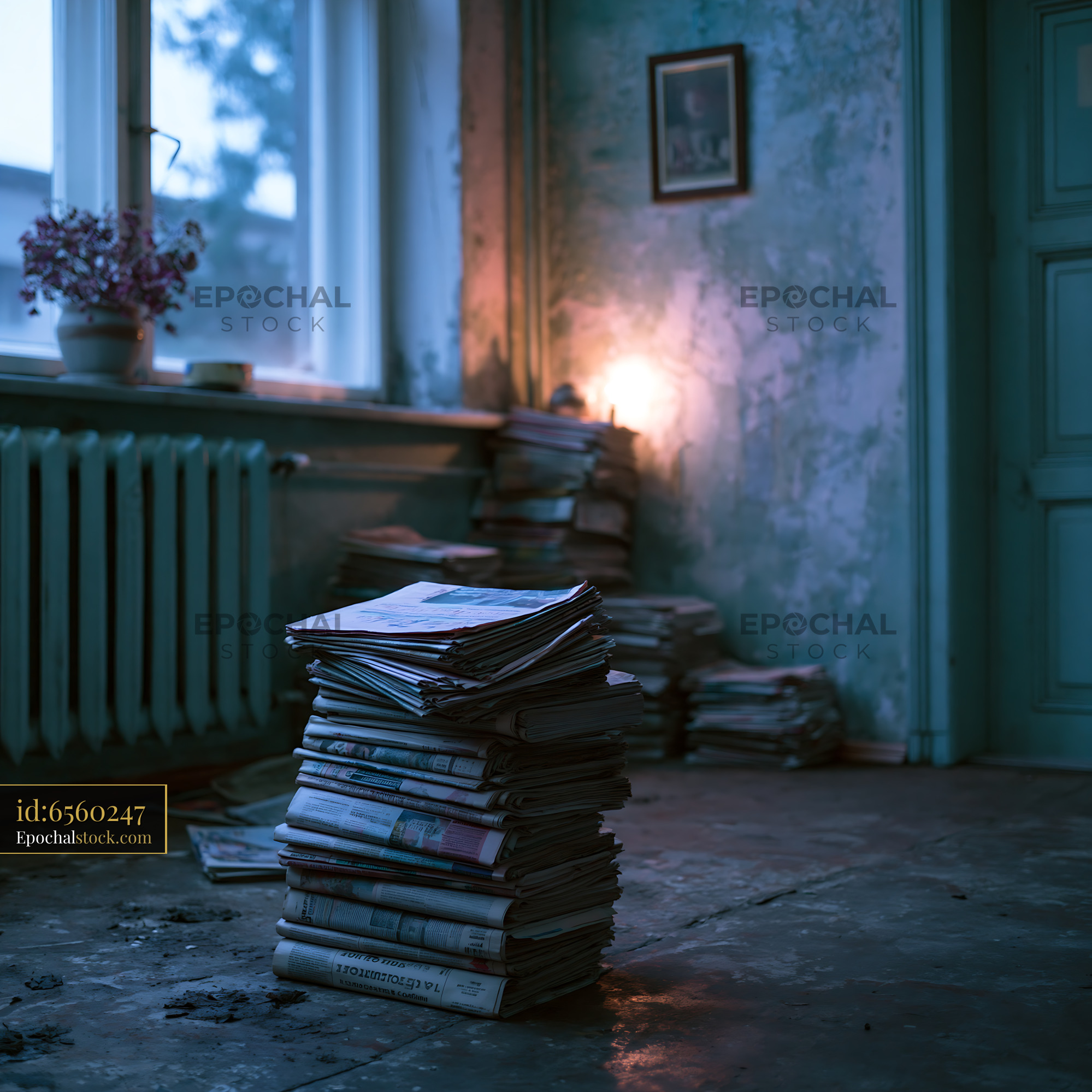 Watermarked full-resolution preview of Old newspapers stacked in a dimly lit abandoned room