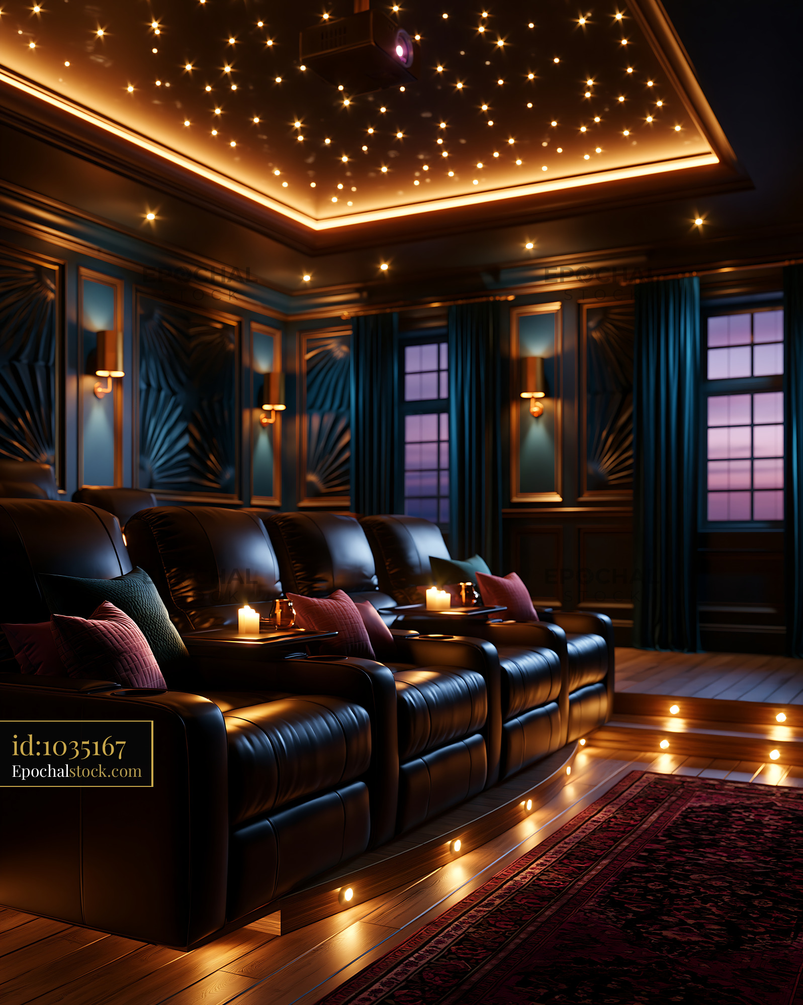 Watermarked full-resolution preview of Home theater room with comfortable seating in low light