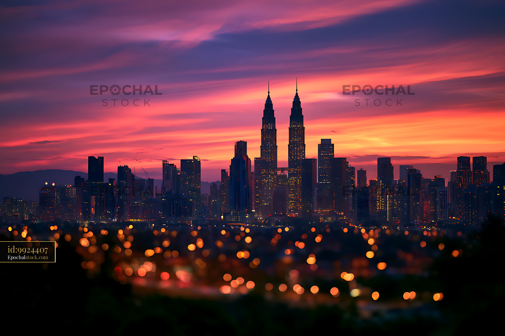 Watermarked full-resolution preview of Illuminated urban skyline beneath a vivid sunset sky