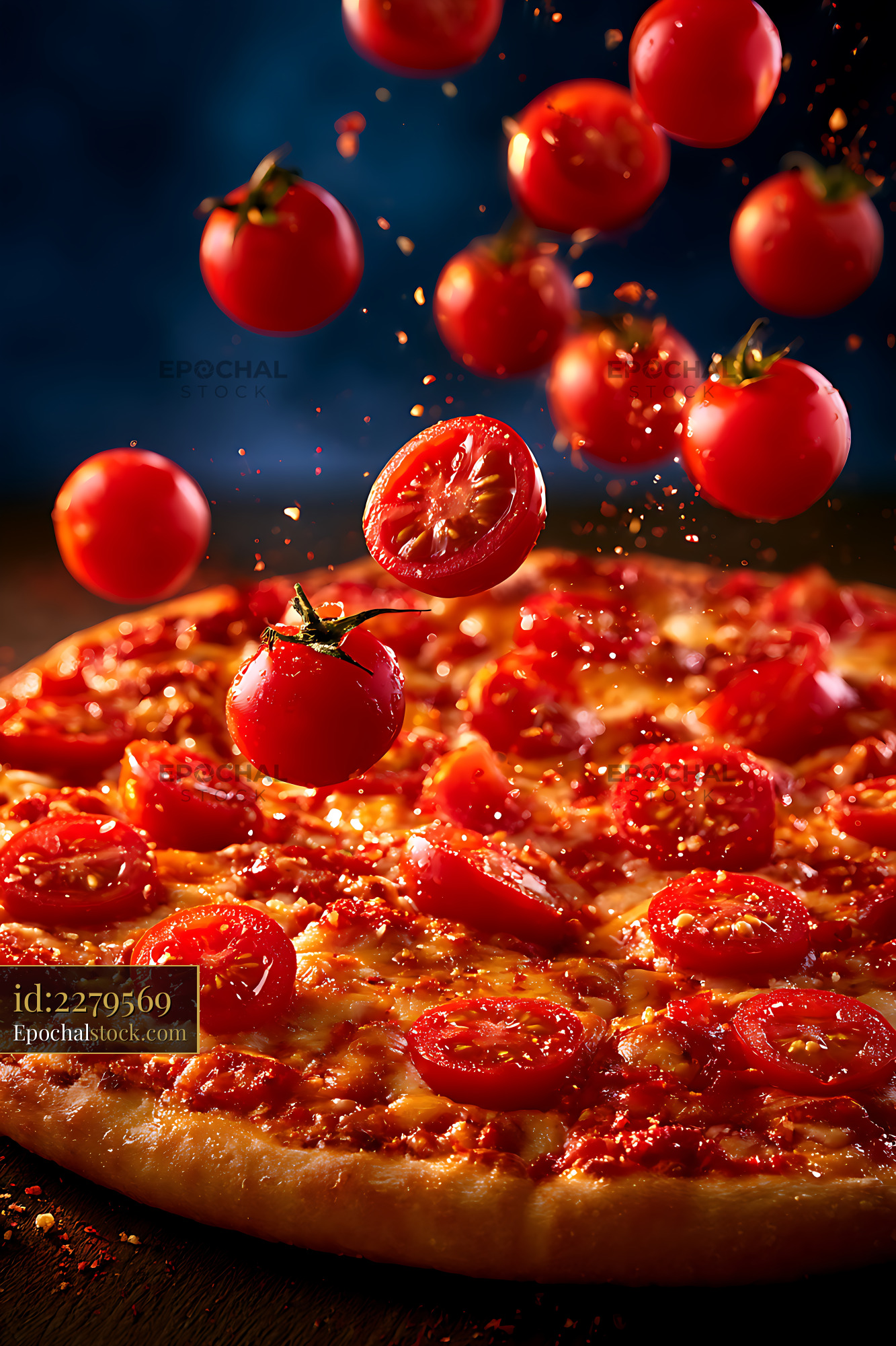 Watermarked full-resolution preview of Fresh Pizza with Falling Tomatoes