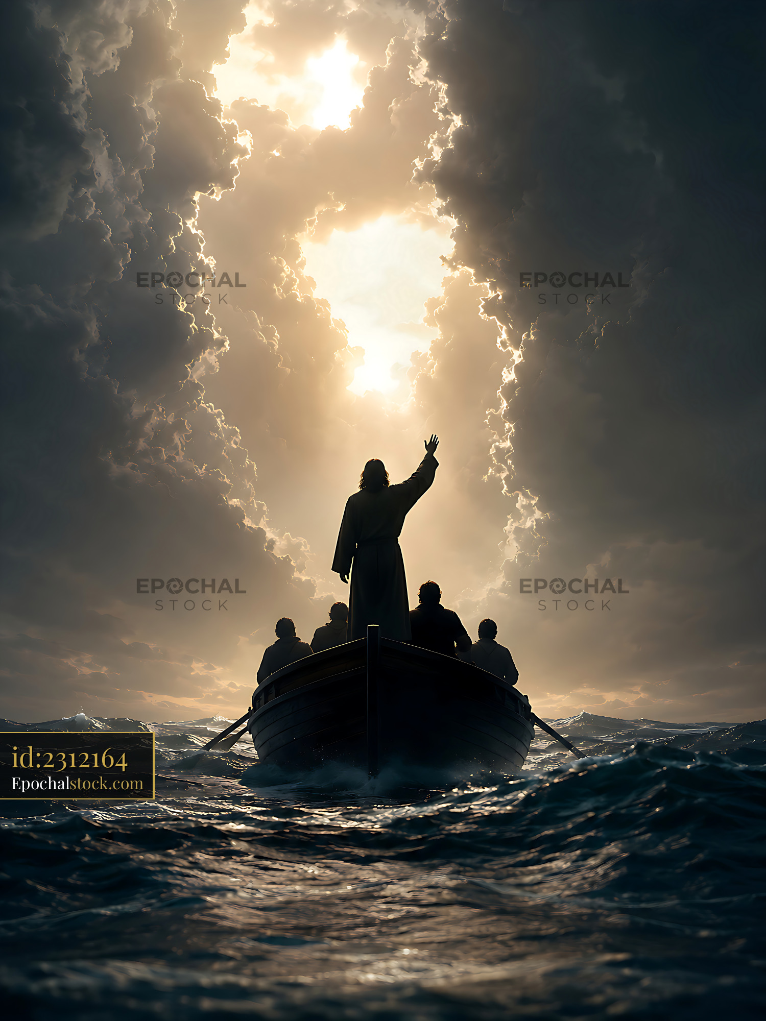 Watermarked full-resolution preview of Man and boat in stormy sea under breaking clouds