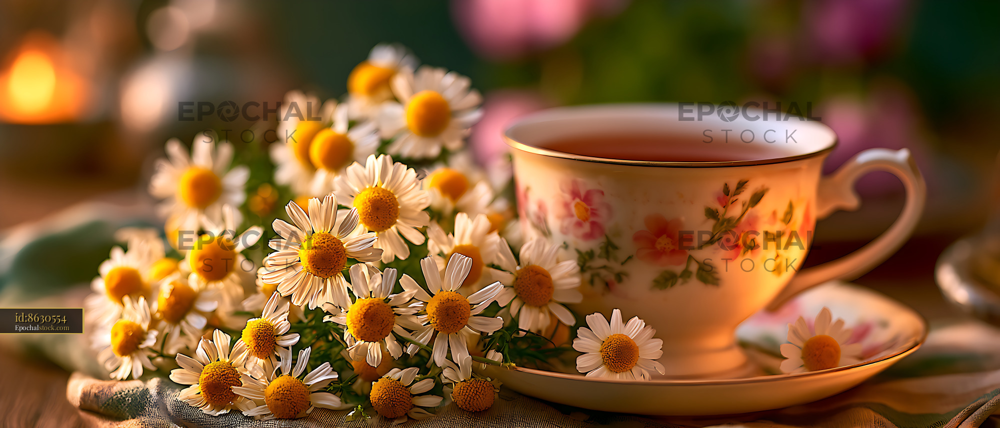 Watermarked full-resolution preview of Decorative teacup and chamomile bouquet in soft golden light