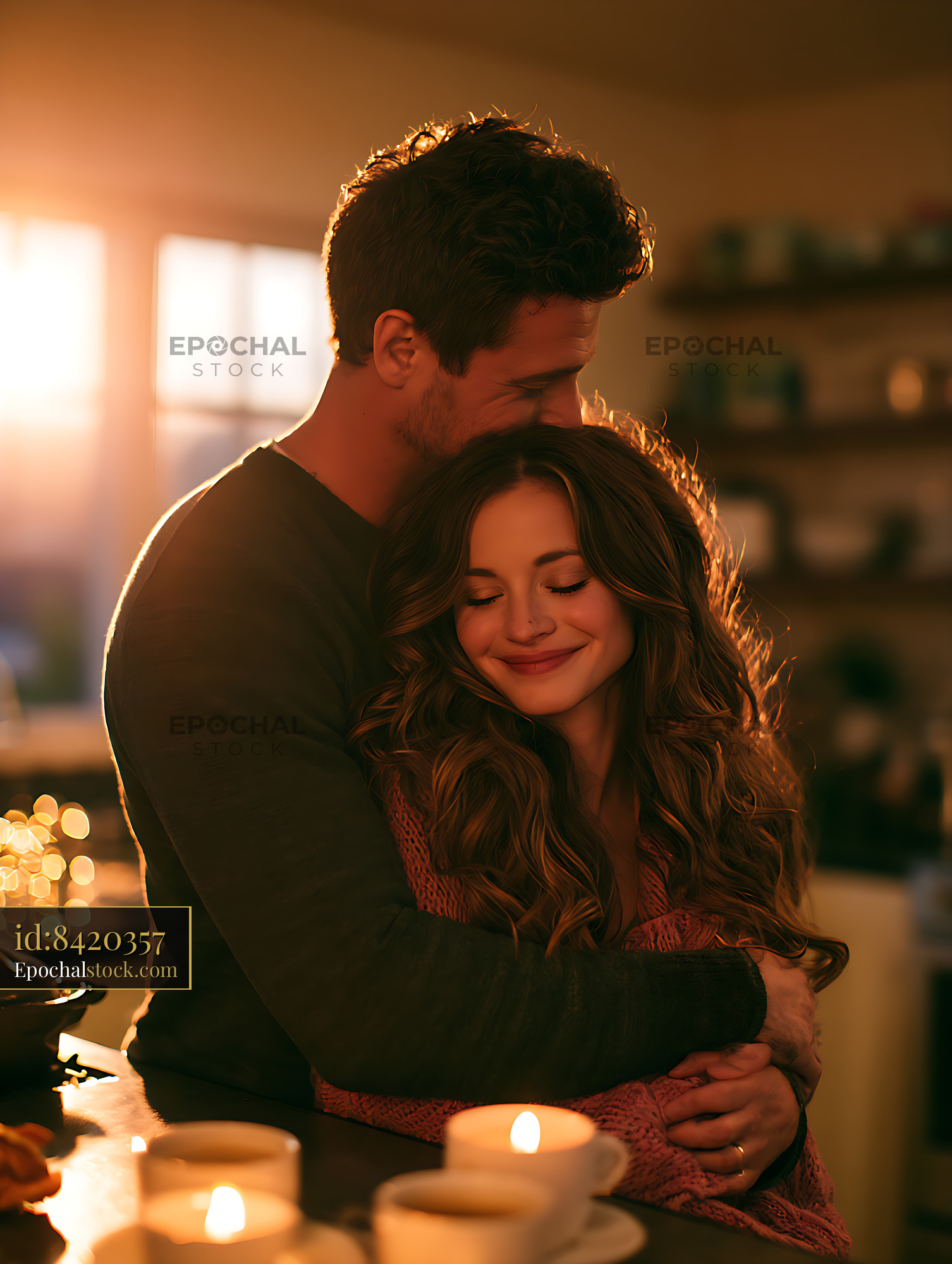 Watermarked full-resolution preview of Tender couple embracing in candlelight