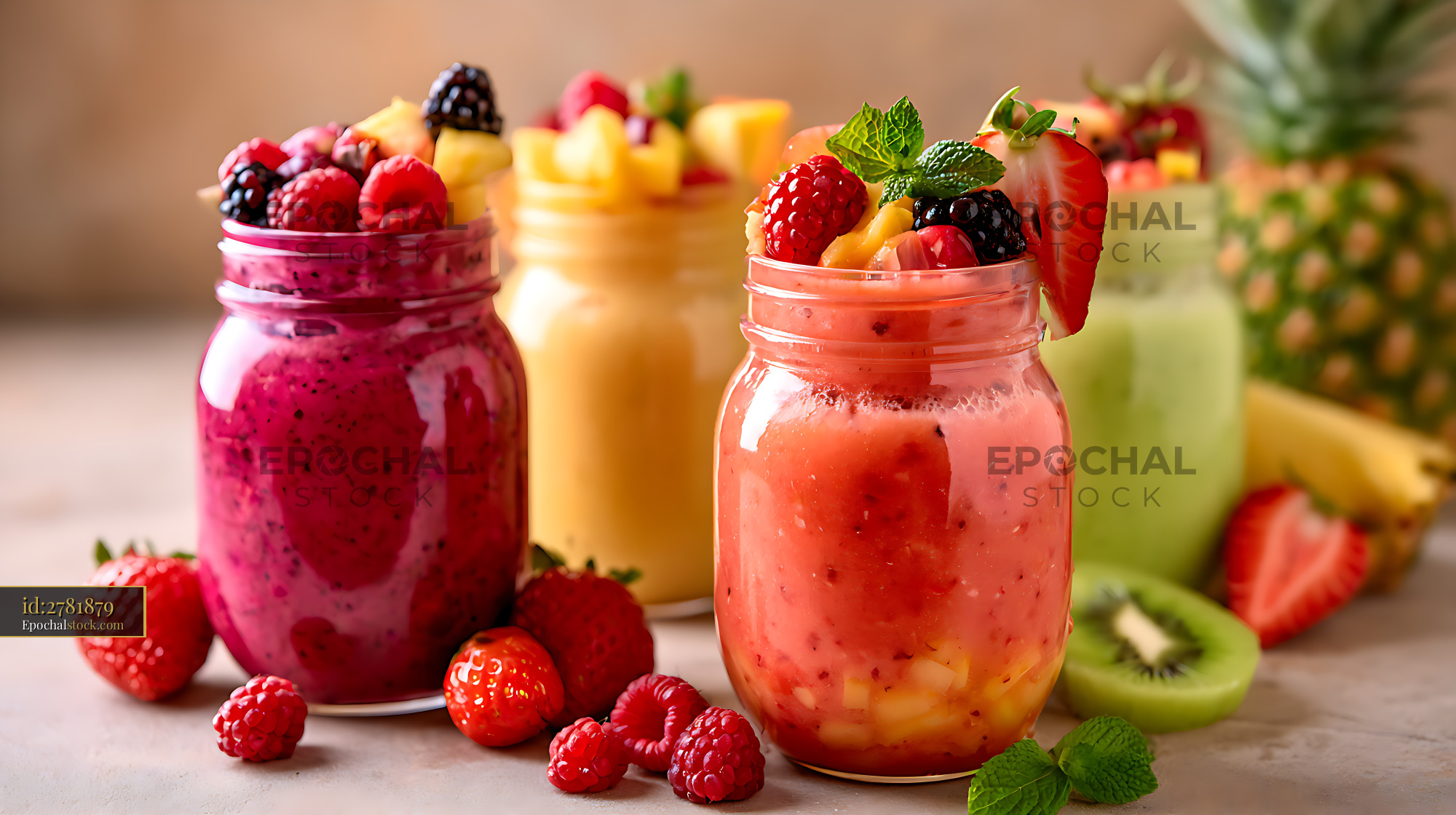 Watermarked full-resolution preview of Fresh berry and fruit smoothies served in glass jars