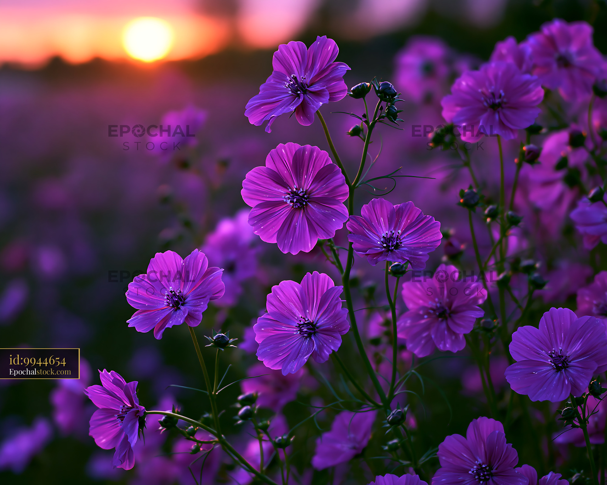 Watermarked full-resolution preview of Purple flowers blooming at sunset in a field