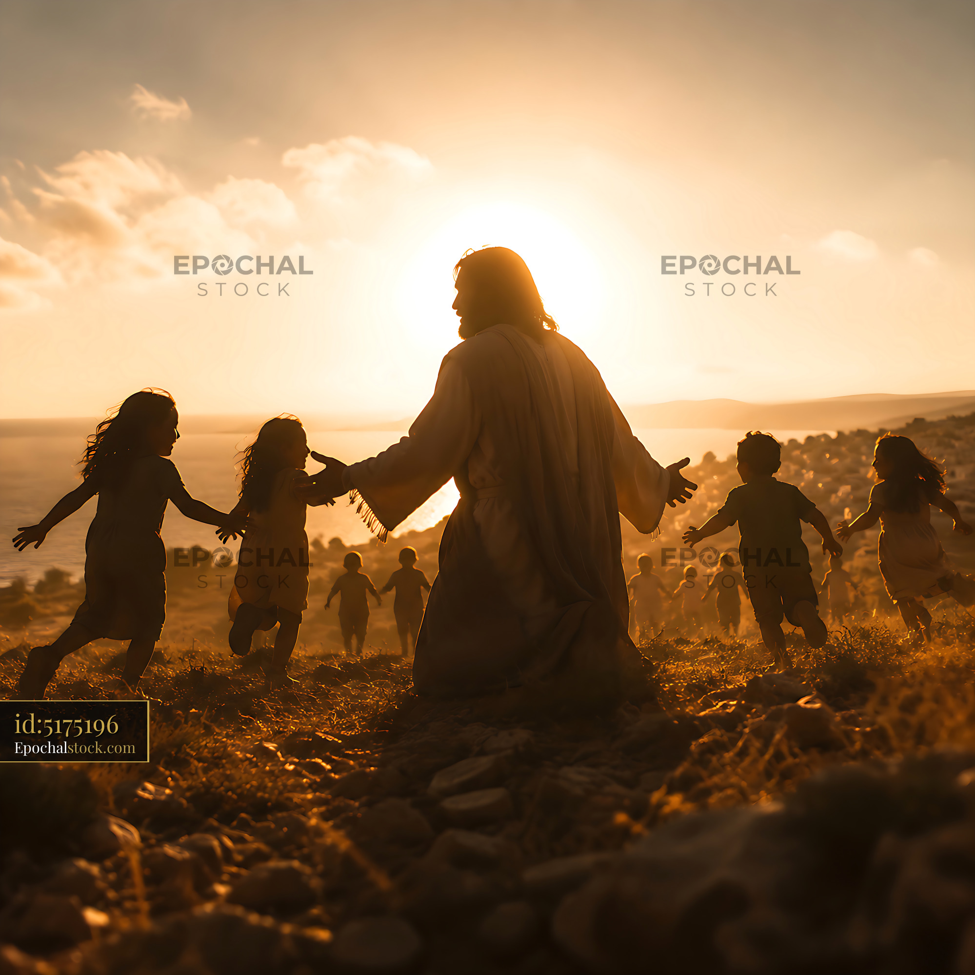 Watermarked full-resolution preview of Children playing around a figure with sun in the background