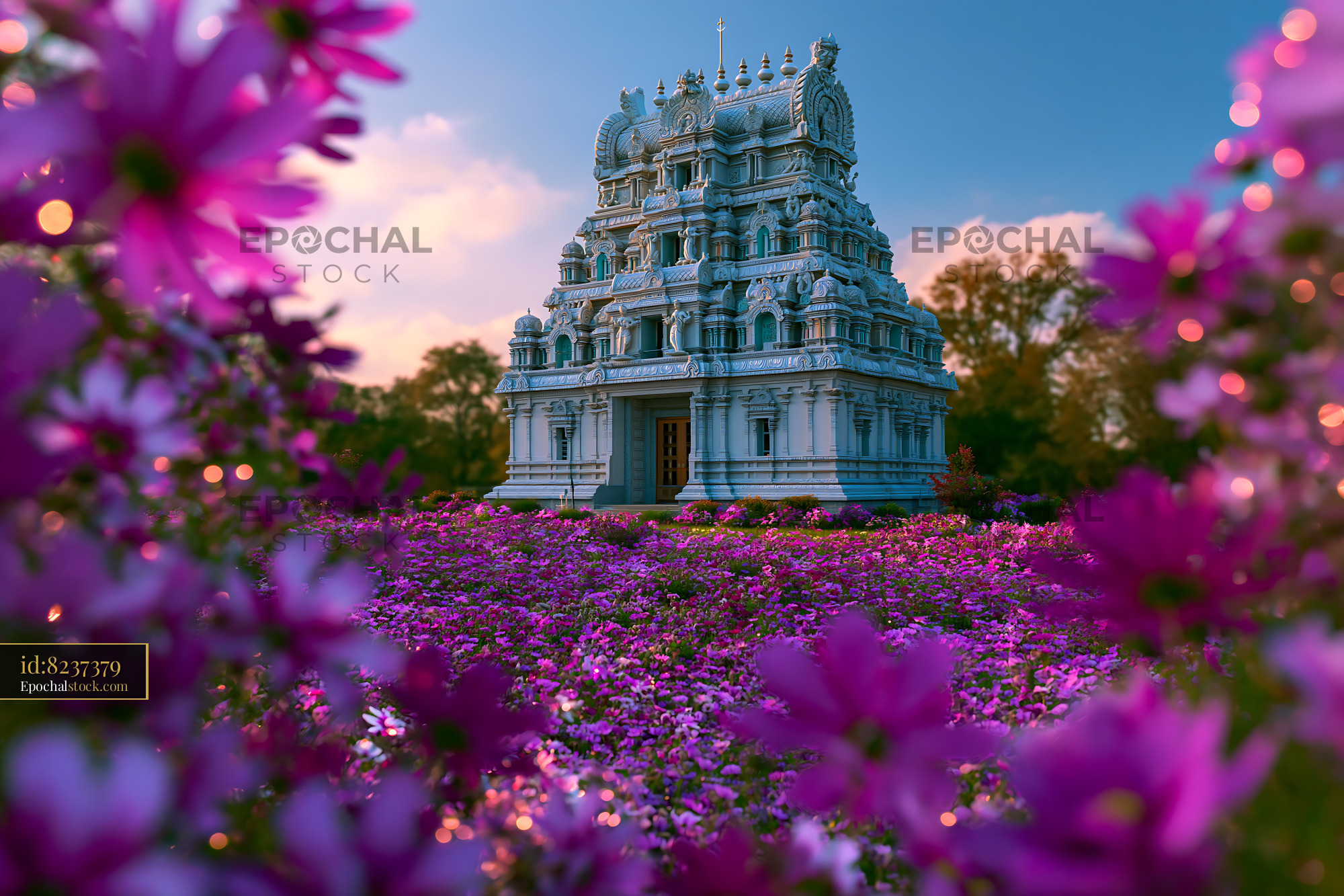 Watermarked full-resolution preview of Temple surrounded by vibrant flowers at sunset in a garden