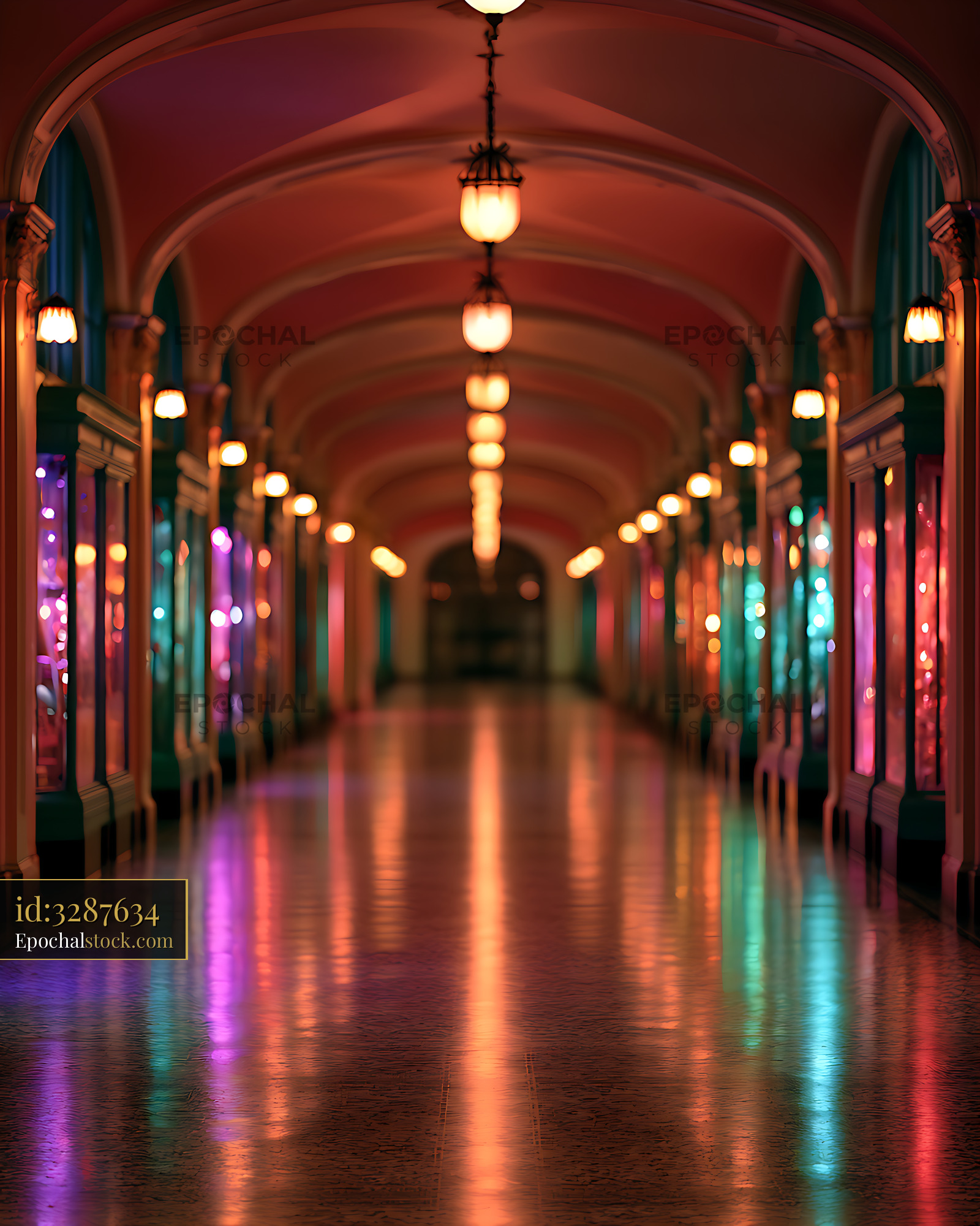 Watermarked full-resolution preview of Vibrant arched hallway glowing with colorful lights