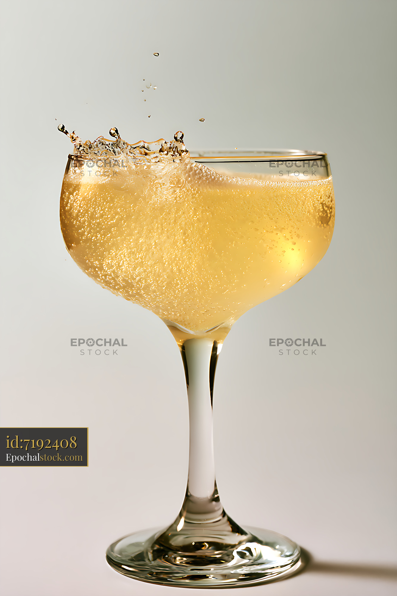 Watermarked full-resolution preview of Golden sparkling beverage with splash in elegant glass
