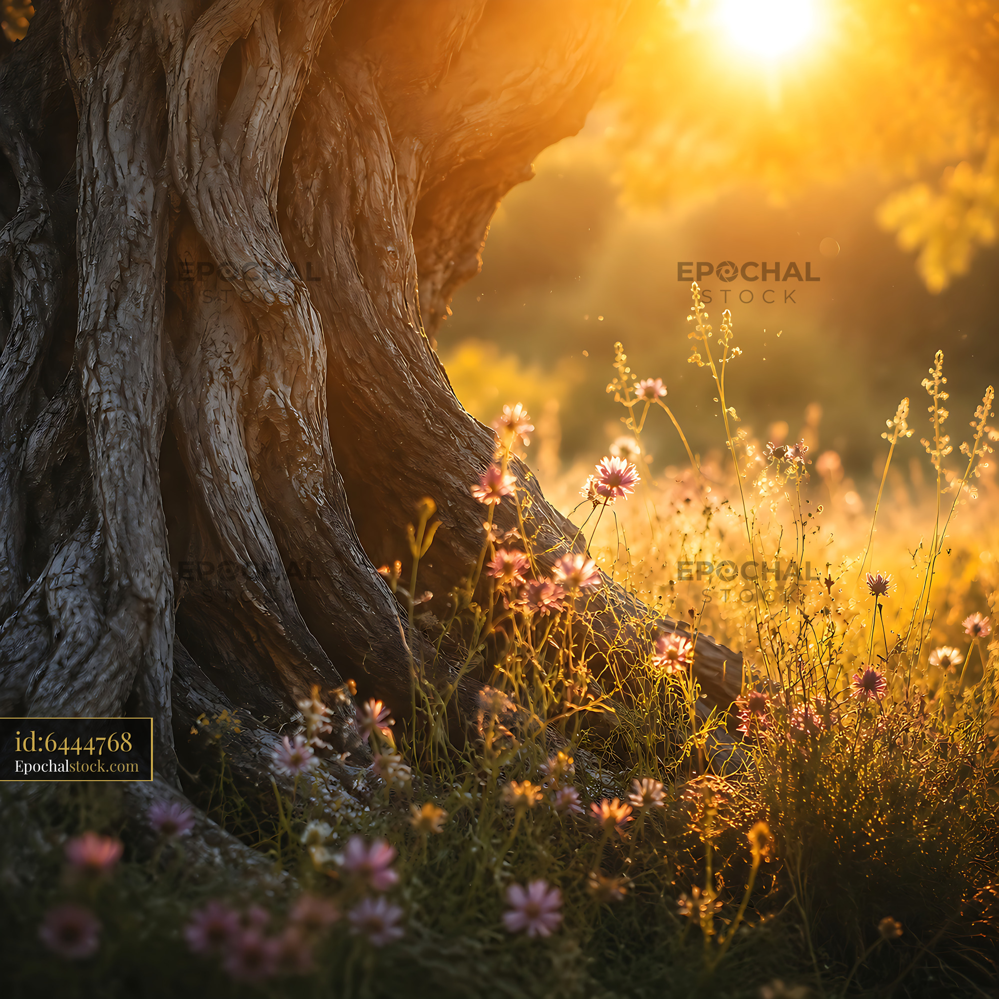 Watermarked full-resolution preview of Sunlight shining through a tree with blooming flowers