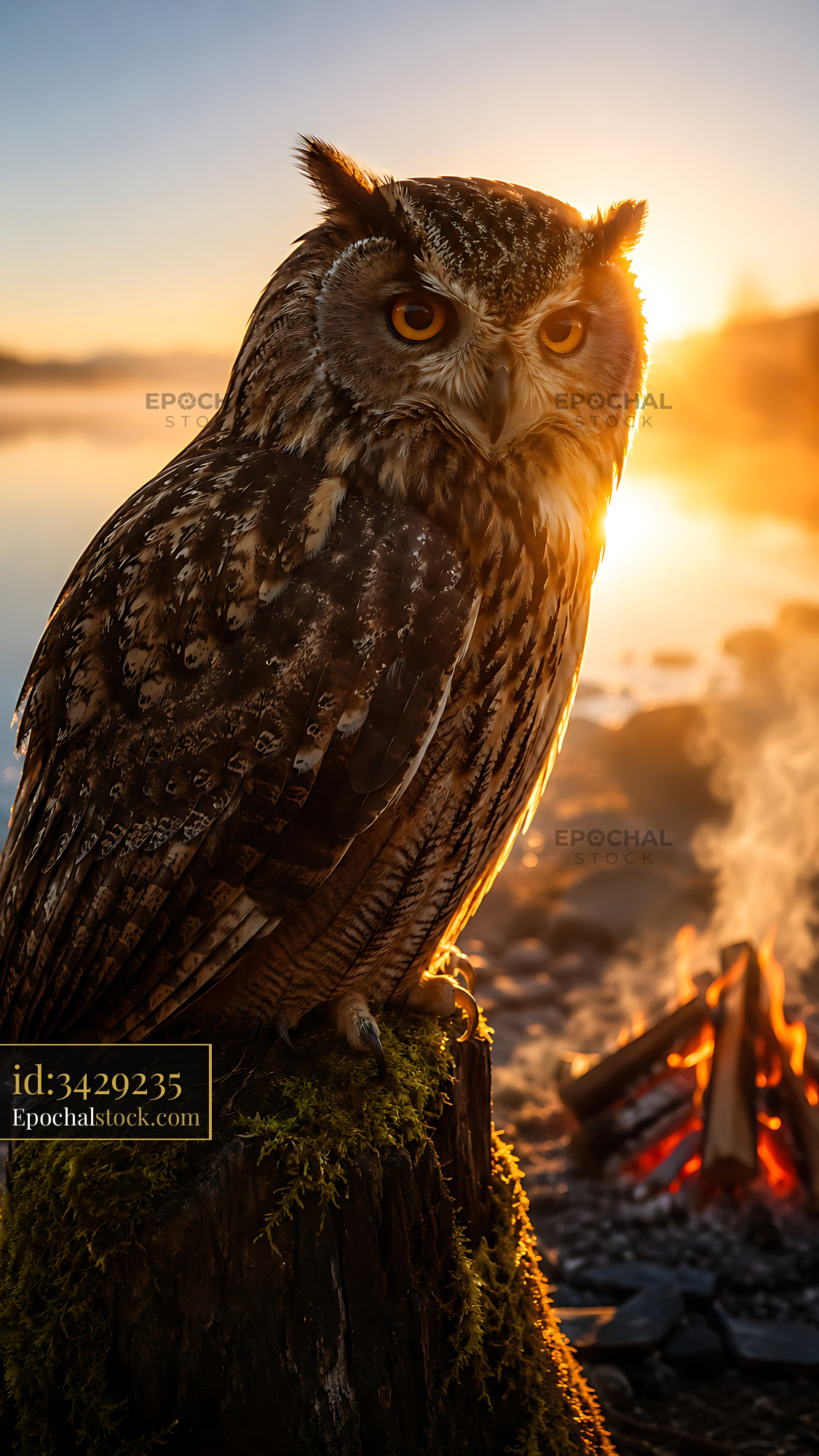 Owl Perched on a Log Near a Campfire at Sunset - stock photo