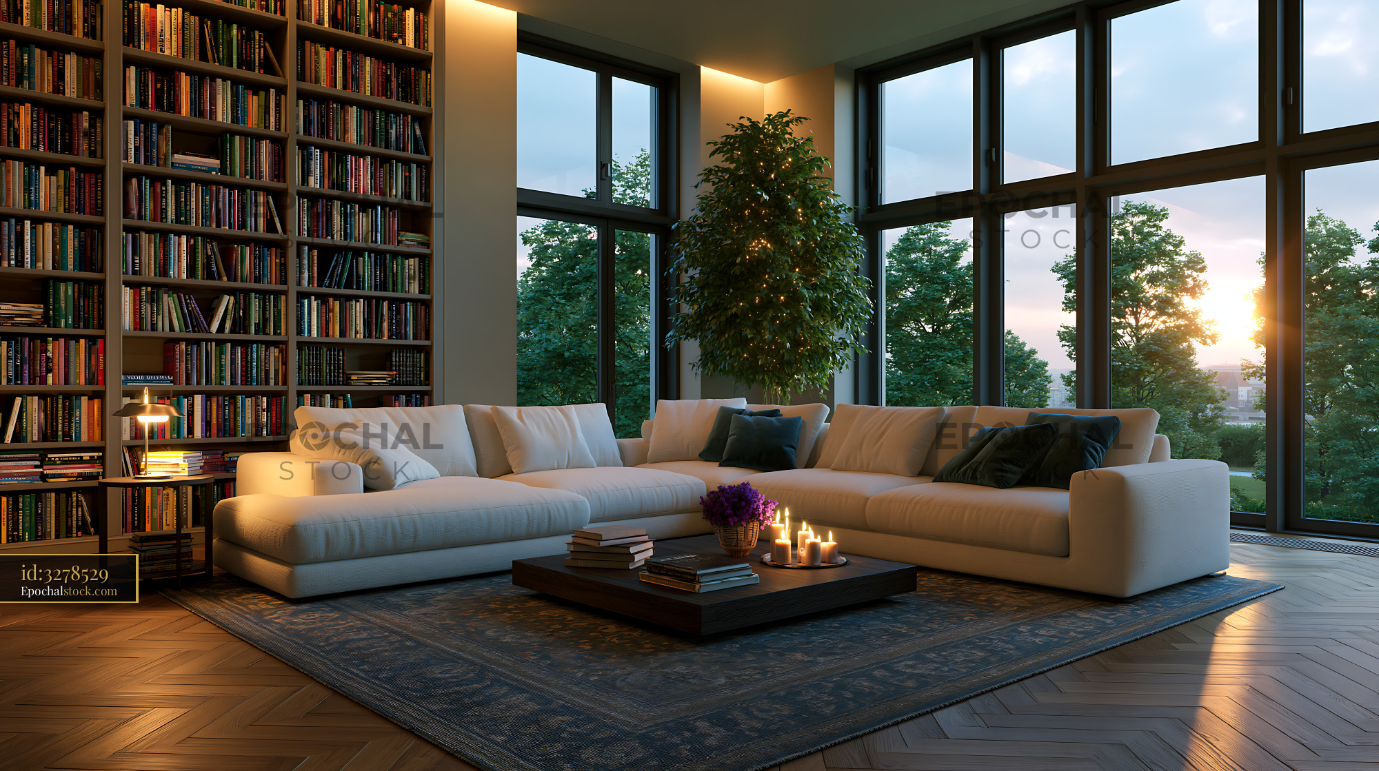 Watermarked full-resolution preview of Modern living room with large windows and sunset view