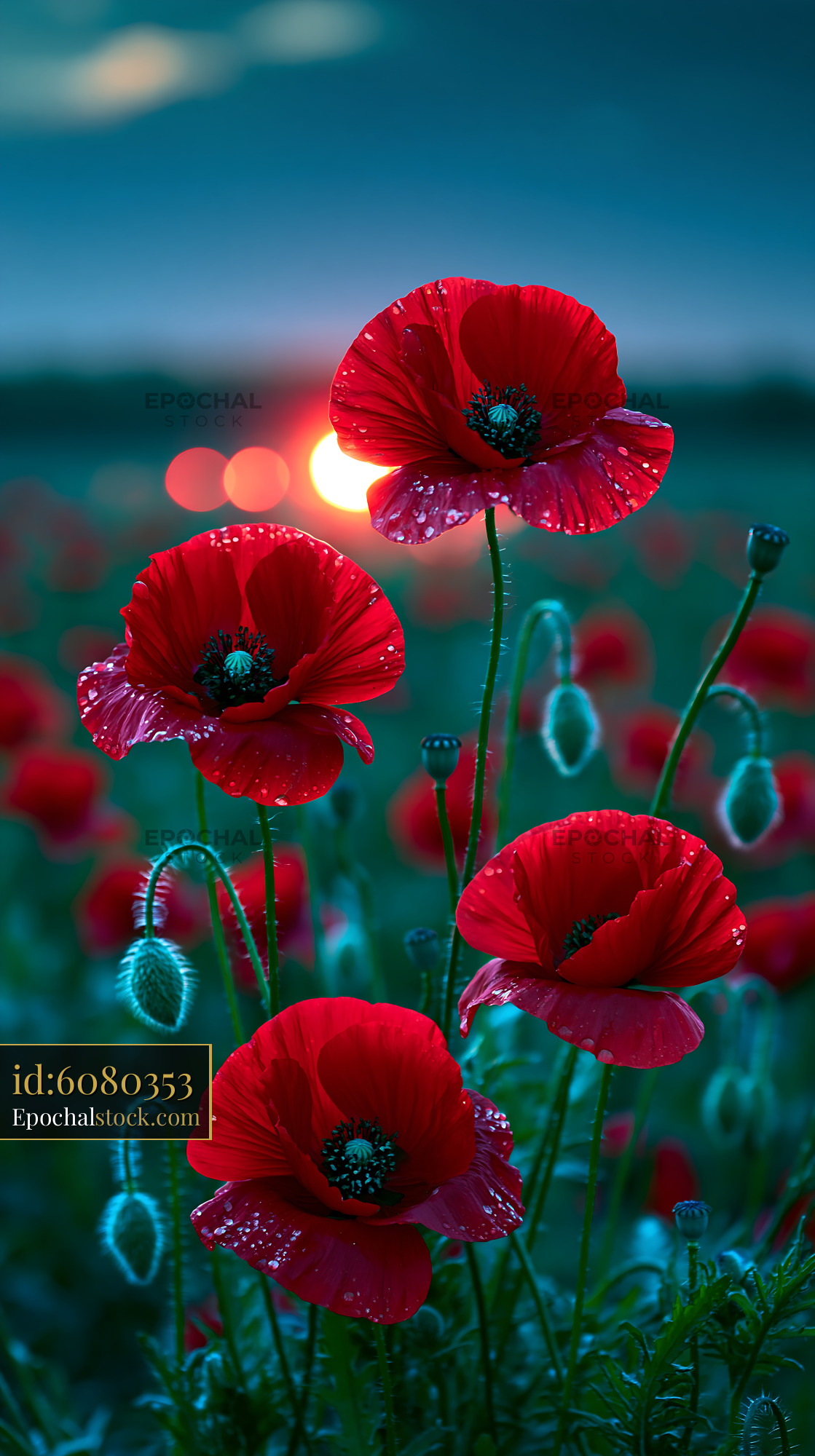Watermarked full-resolution preview of Red poppies blooming at sunset in a field