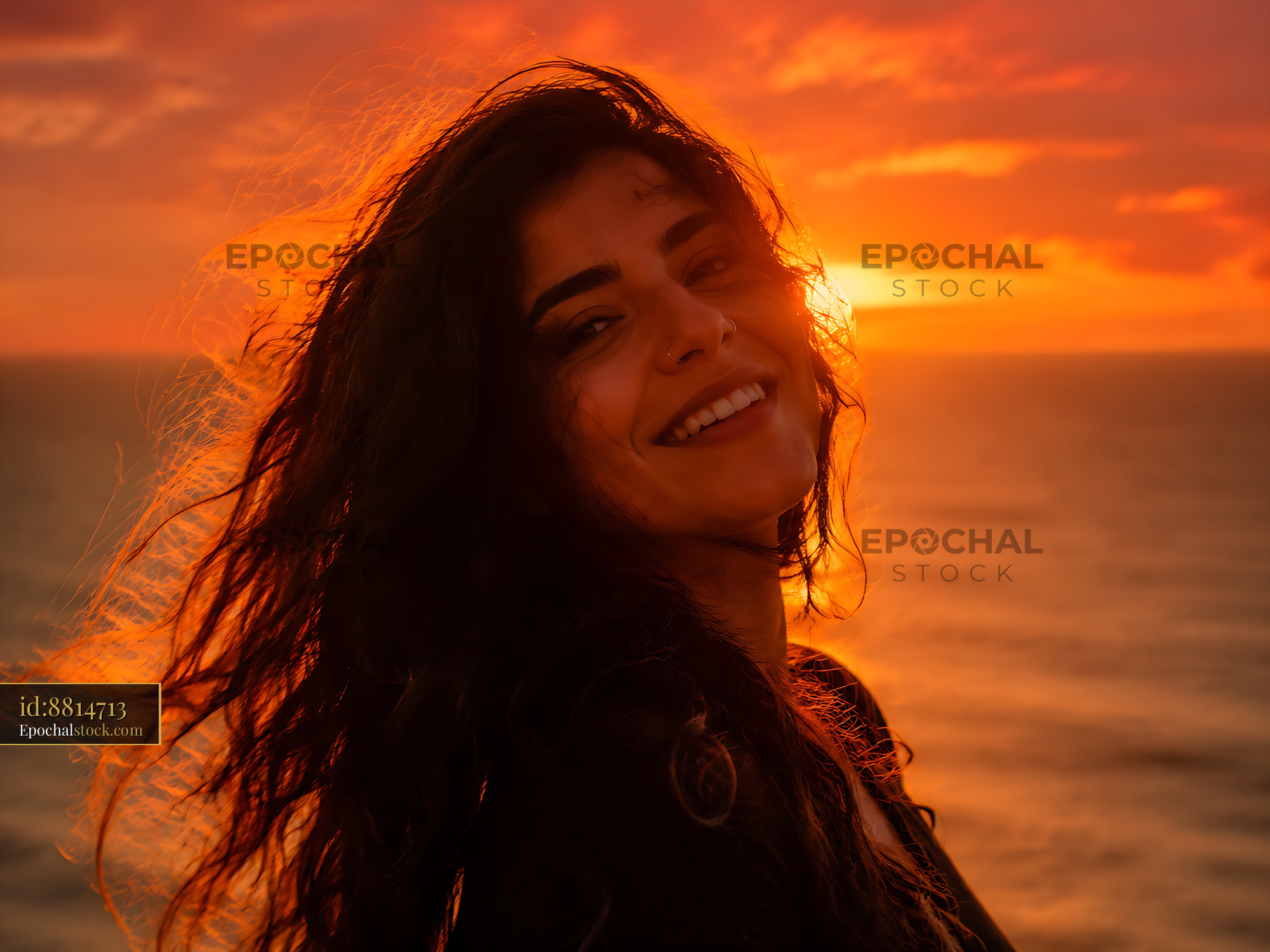Watermarked full-resolution preview of Smiling woman against sunset by the sea
