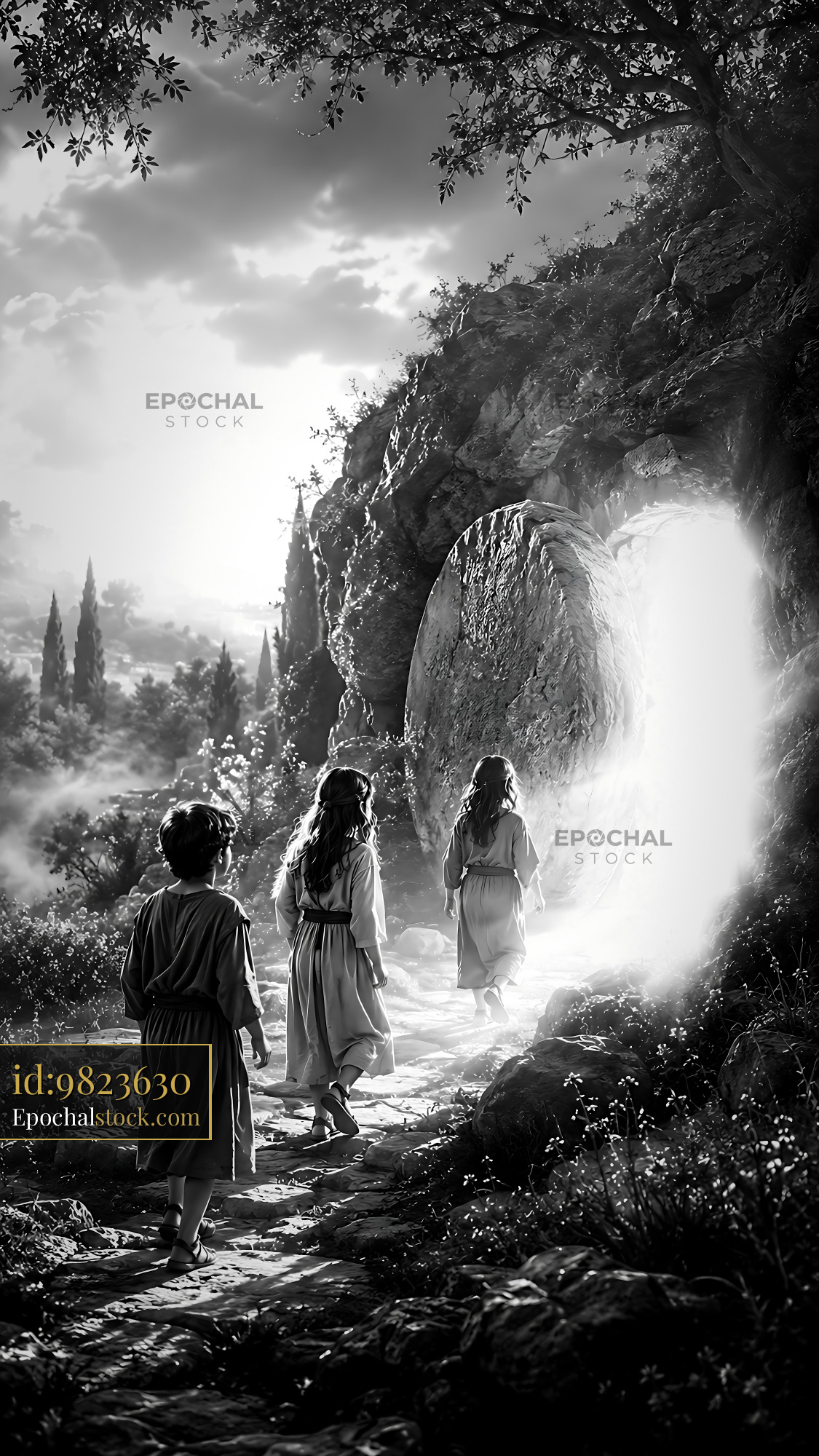 Watermarked full-resolution preview of Children walking towards a glowing entrance on a rocky path