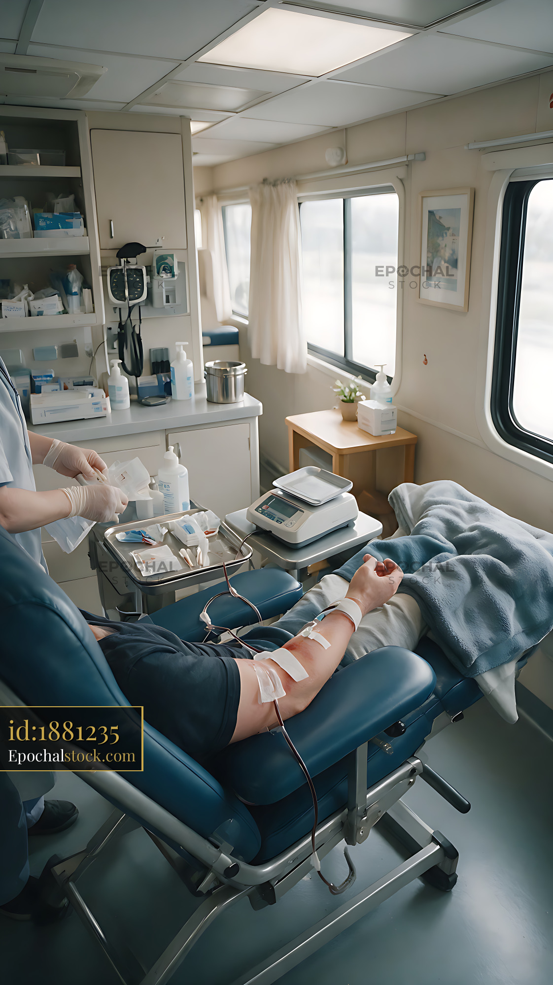 Watermarked full-resolution preview of Blood donor reclining in chair during a collection procedure