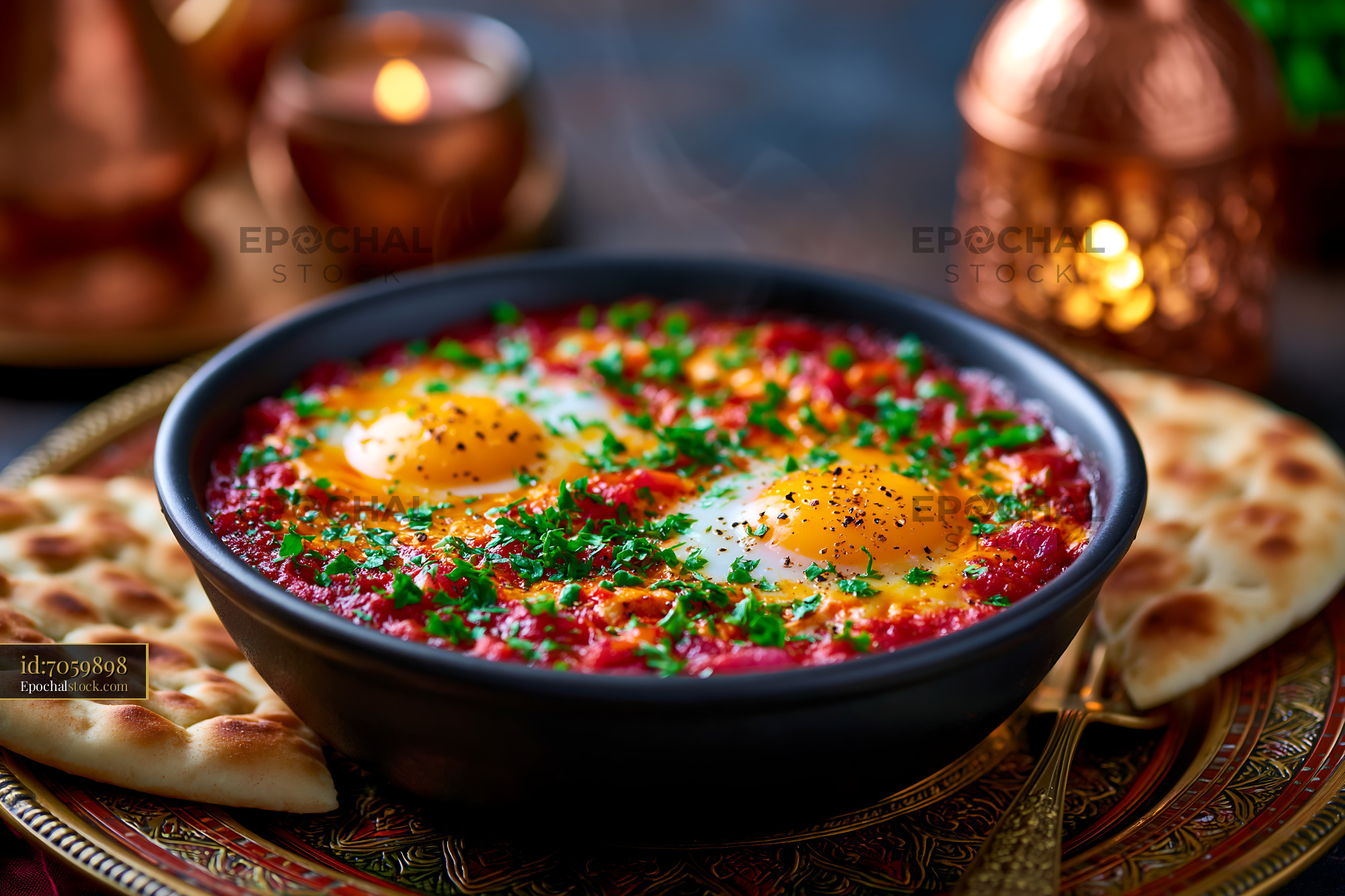 Watermarked full-resolution preview of Eggs and bread on a decorated table with warm lighting