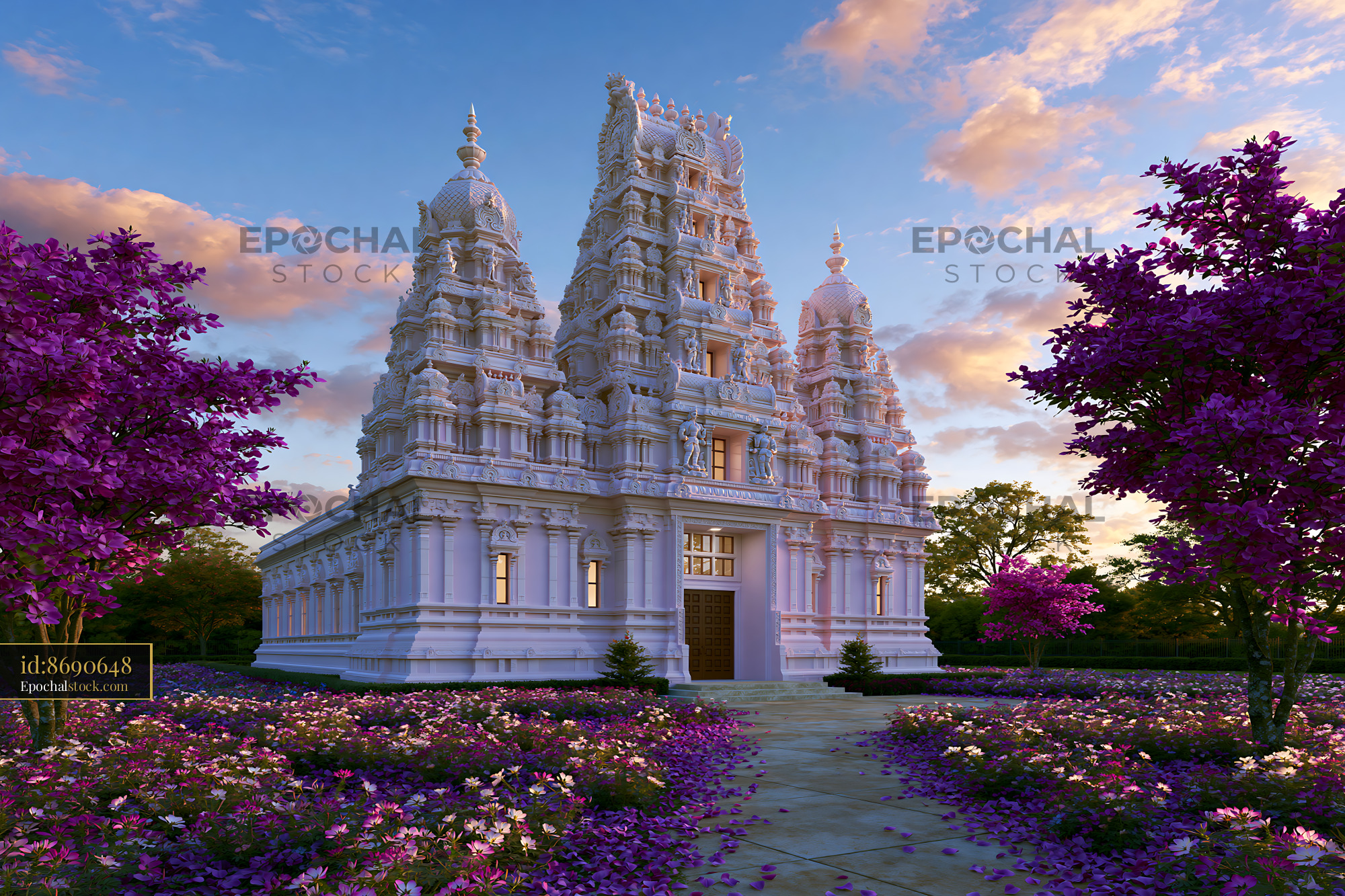 Watermarked full-resolution preview of Beautiful temple surrounded by colorful flowers at sunset