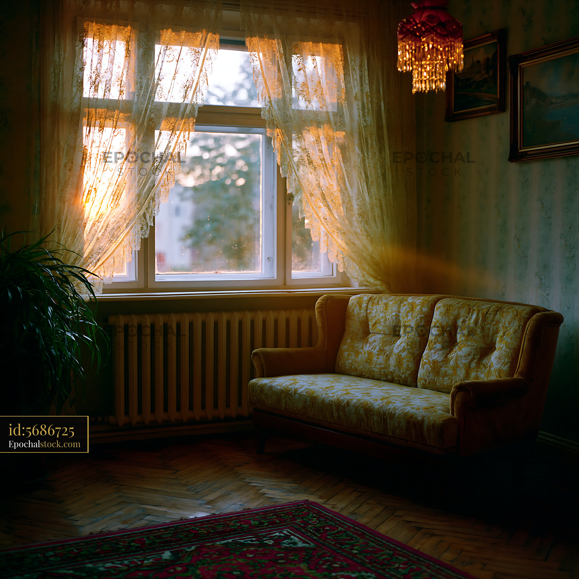 Watermarked full-resolution preview of Sunlight streaming through curtains in an old living room