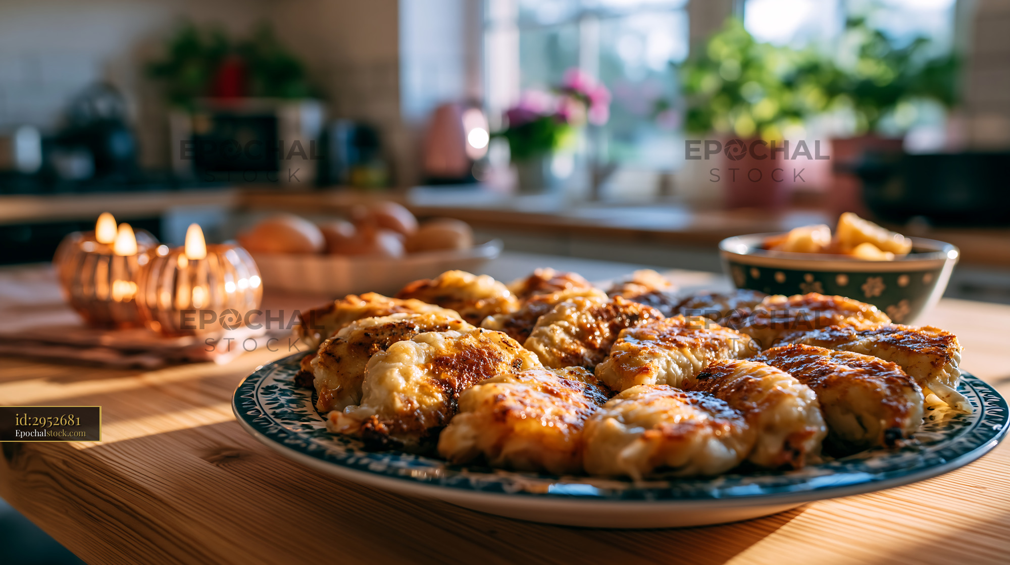 Watermarked full-resolution preview of Food arranged on a table with warm light in a kitchen setting