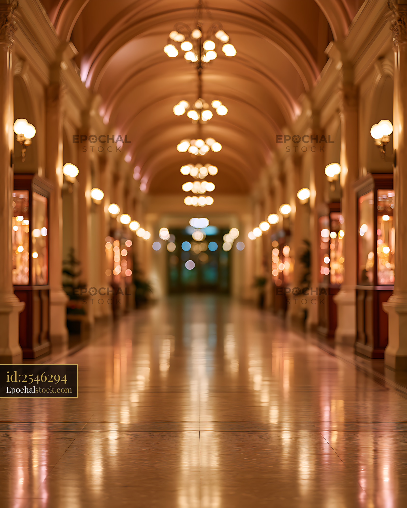 Watermarked full-resolution preview of Warm blurred hallway with chandeliers and reflective floor