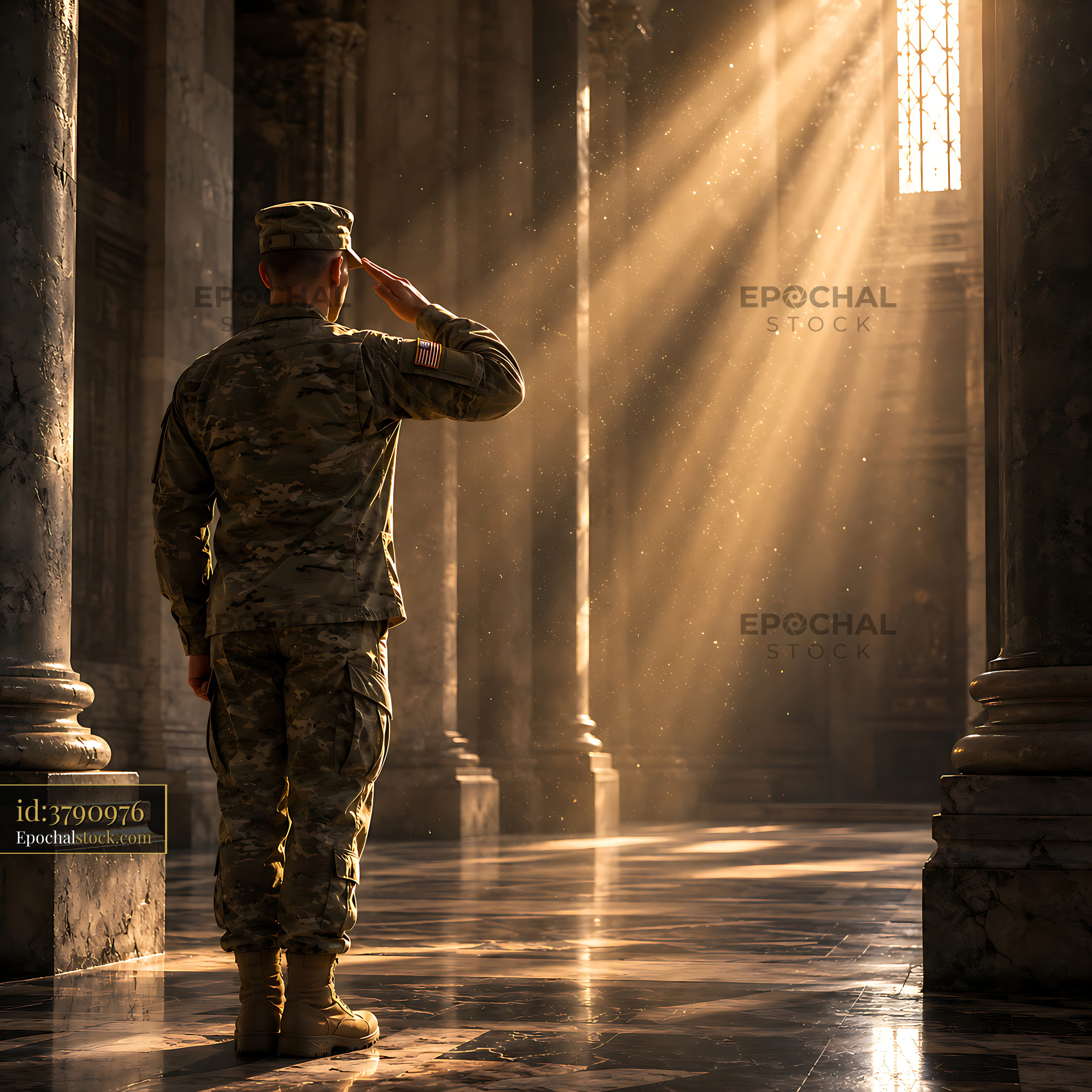 Watermarked full-resolution preview of Soldier saluting in a historic building with sunlight beams